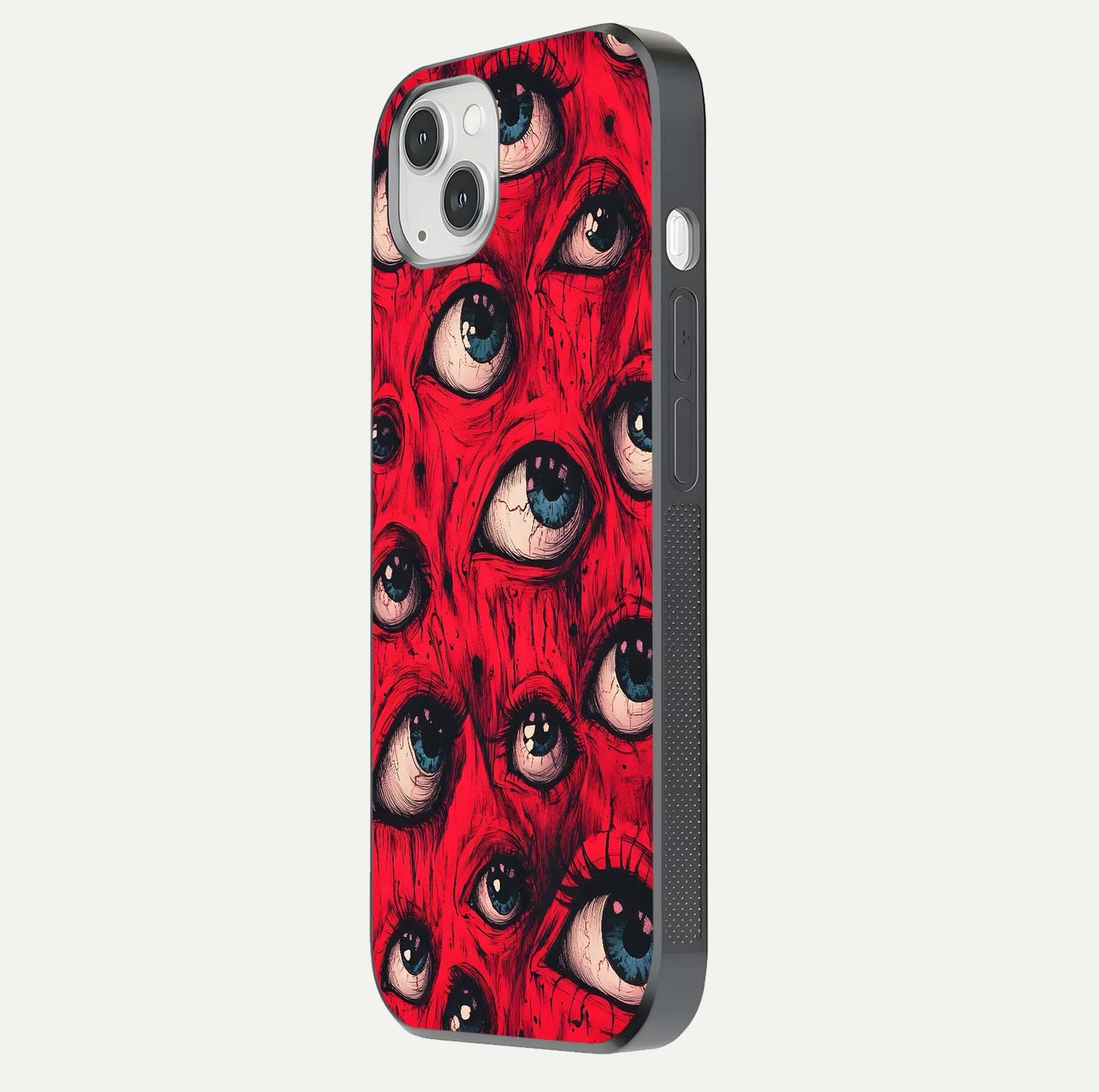 Crimson Watch Eyes Glass Case for iPhone 14 Plus side-angle photo showing reflection texture and shine