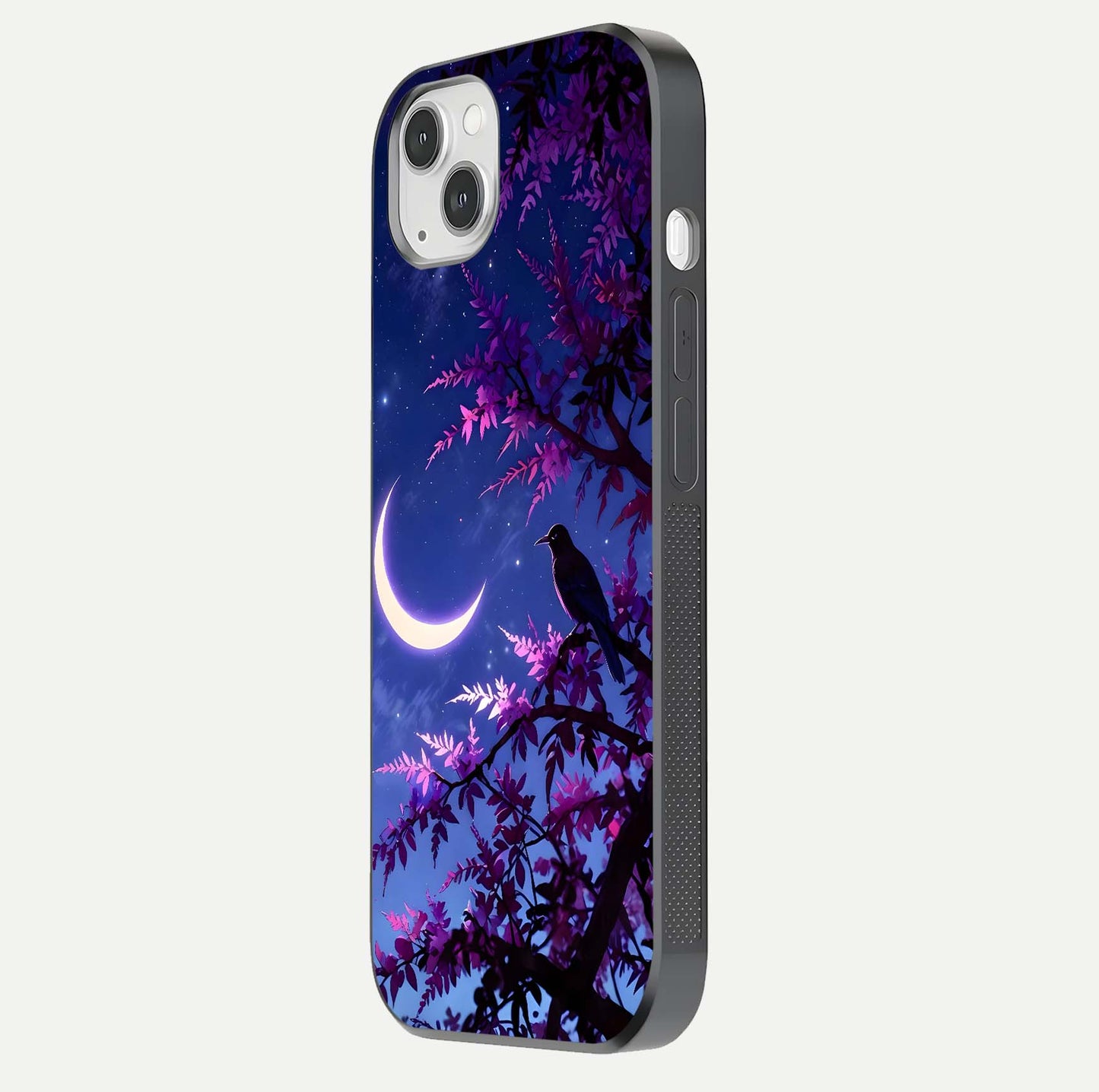 Crow & Moon Scenery Glass Case for iPhone 14 Plus side-angle photo capturing glossy shine and artistic contrast