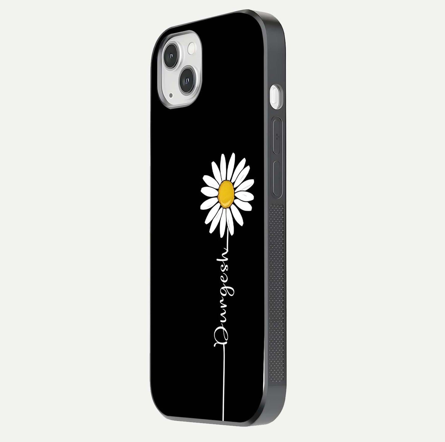 Custom Name White Flower Glass Case for iPhone 14 Plus side-angle photo showing reflection shine and name clarity
