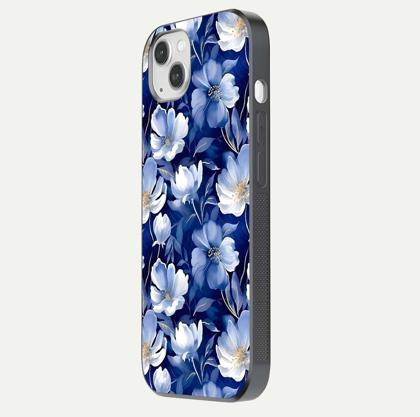 Cute Floral Patterns Glass Case for iPhone 14 Plus side-angle image showing polished surface and gloss tone
