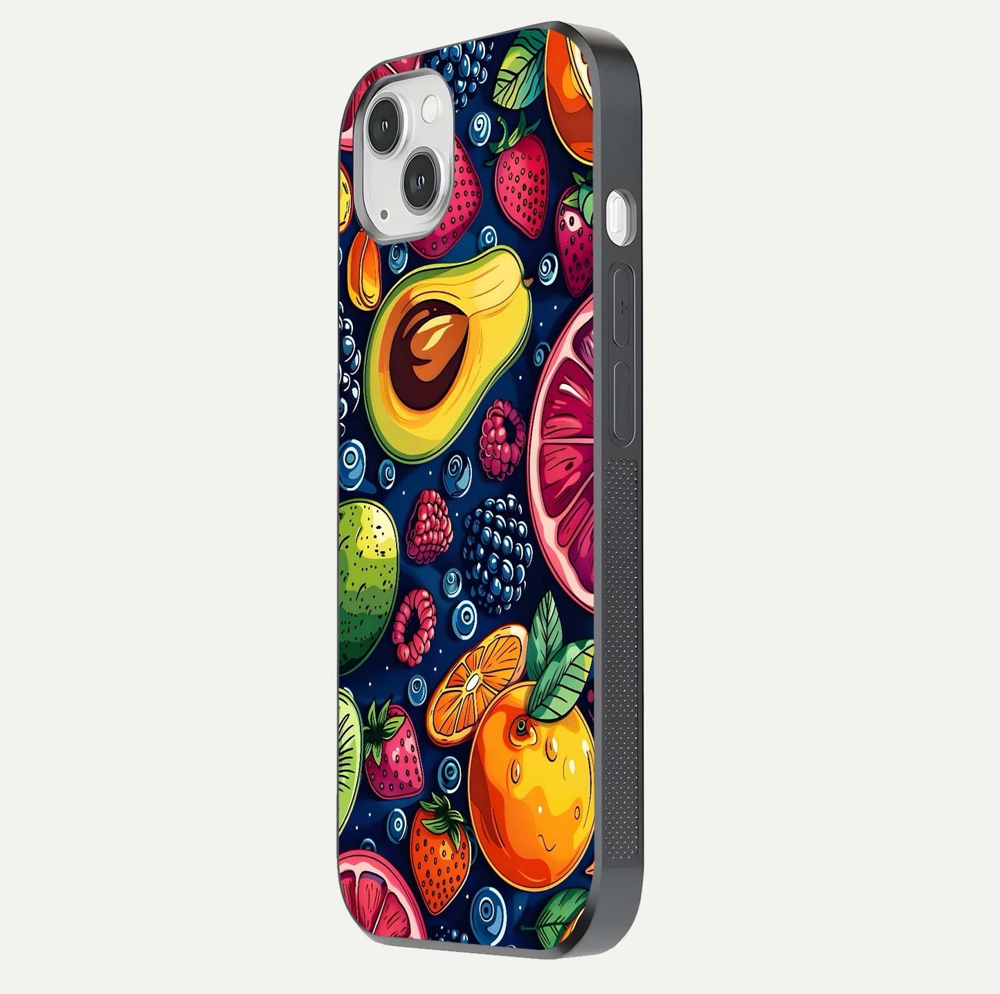 Cute Fruits Art Glass Case for iPhone 14 Plus side-angle photo showing reflective finish and smooth edges