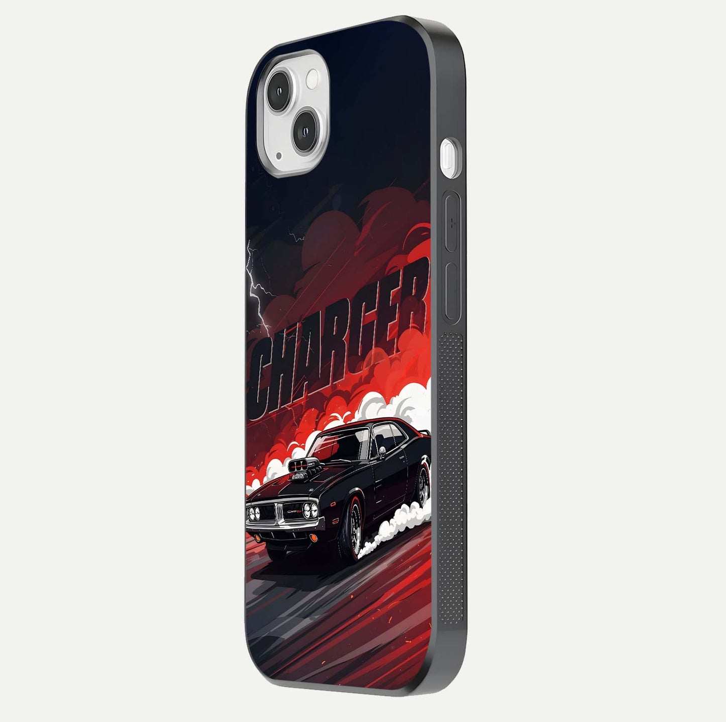 Dark Charger Fury Glass Case for iPhone 14 Plus side-angle image showing edge gloss and bold tone
