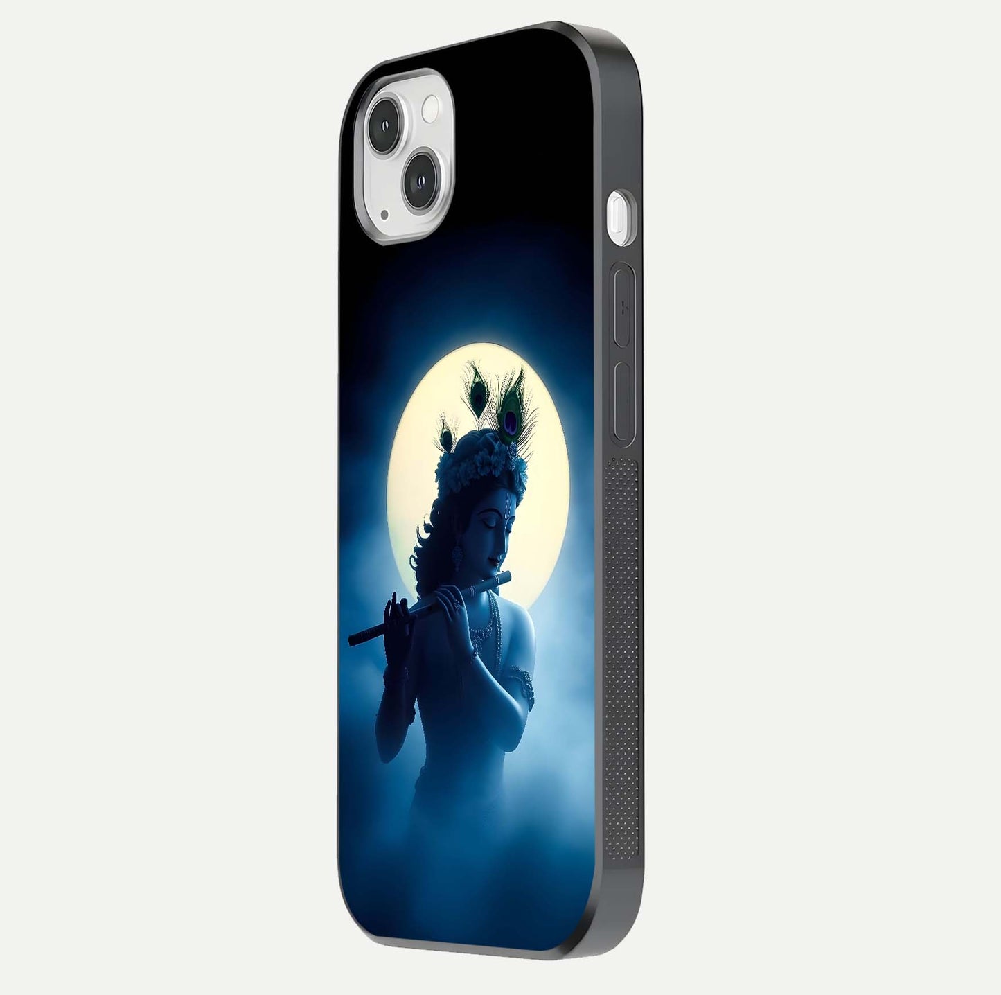 Divine Moon Flute Glass Case for iPhone 14 Plus side-angle image capturing reflection depth and soft color