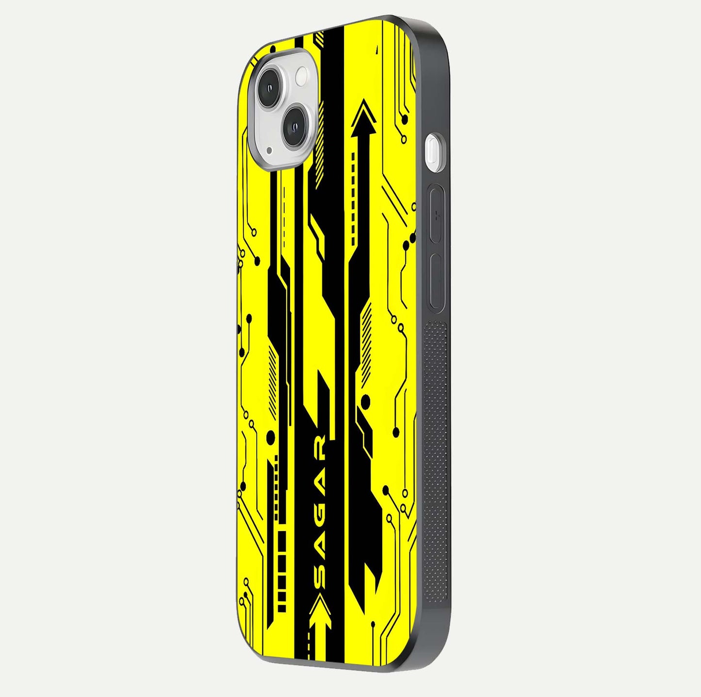 Electric Pulse CYBERPUNK Custom Name Glass Case for iPhone 14 Plus side-angle image showing glossy reflection and edge illumination