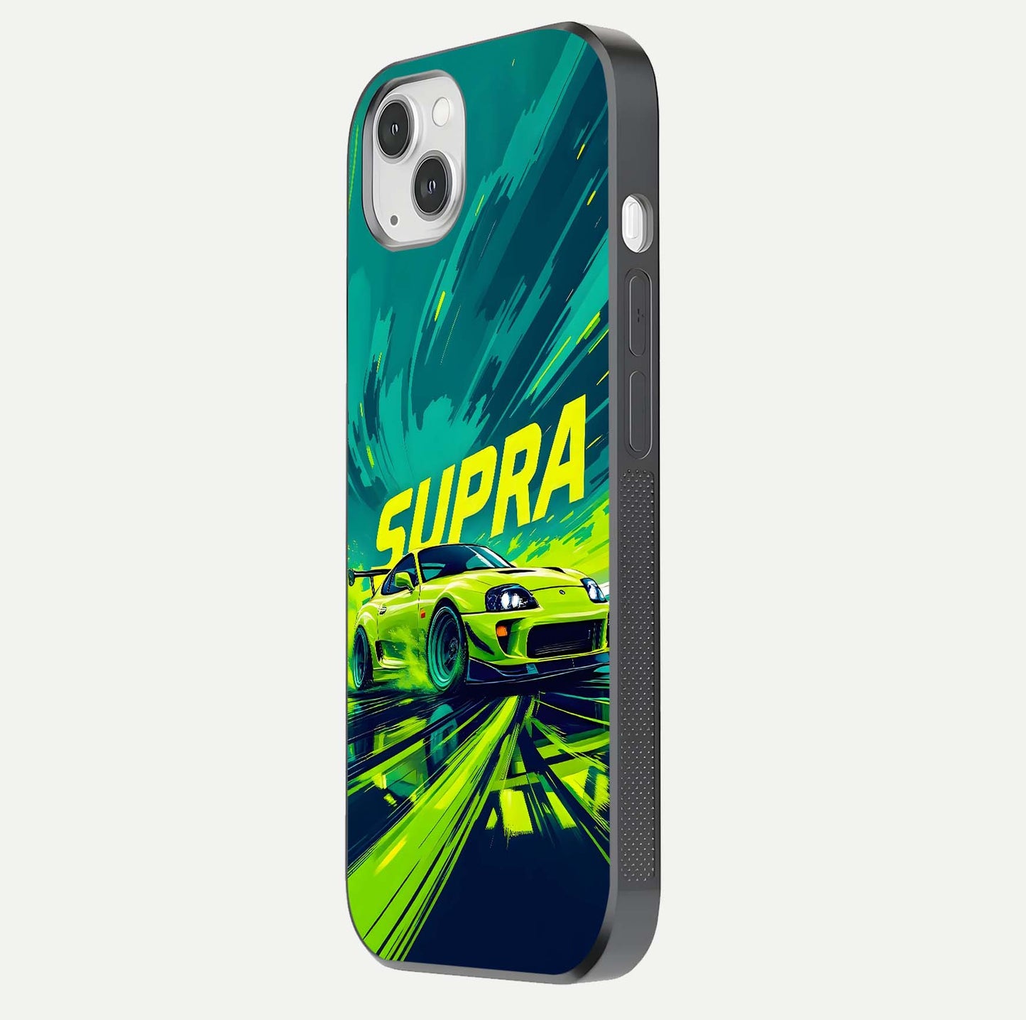 Electric Supra Thunder Glass Case for iPhone 14 Plus side-angle photo showing sleek car outline and reflective shine