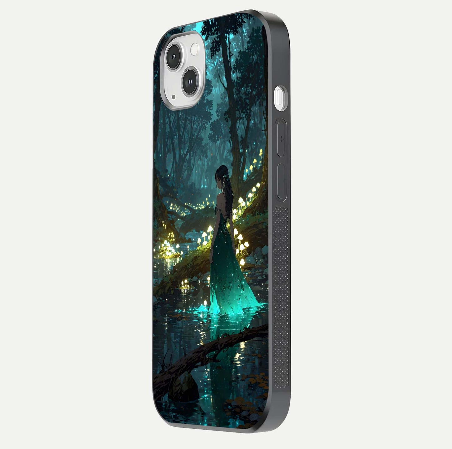 Enchanted Forest Glow Glass Case for iPhone 14 Plus side-angle image capturing shine reflection and rich detail
