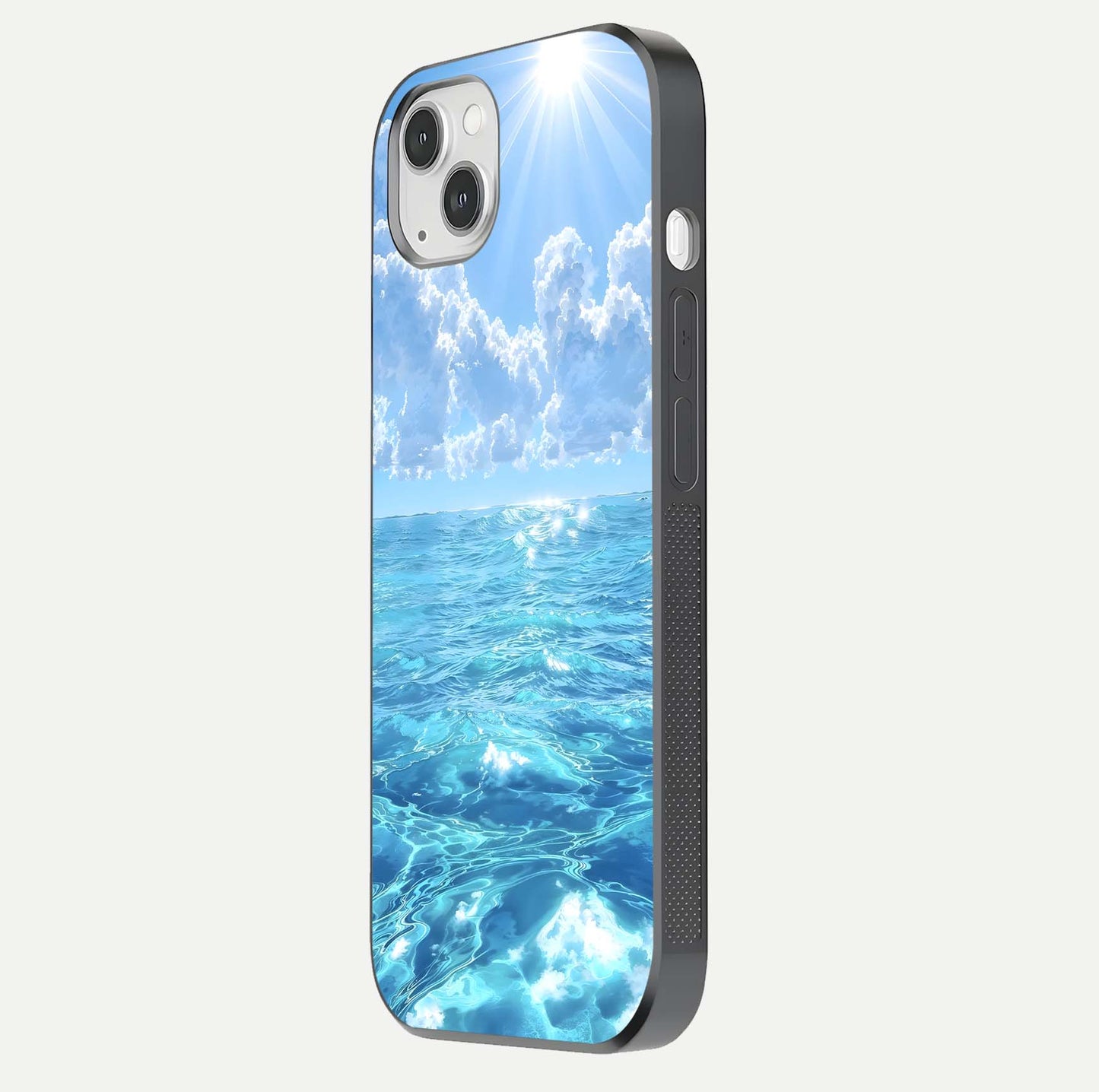 Endless Ocean Horizon Glass Case for iPhone 14 Plus side-angle photo showing reflection glow and wave tone