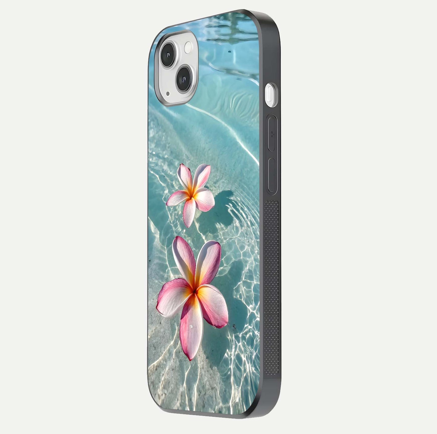 Floating Bloom Bliss Glass Case for iPhone 14 Plus side-angle photo showing smooth reflection and elegant curve