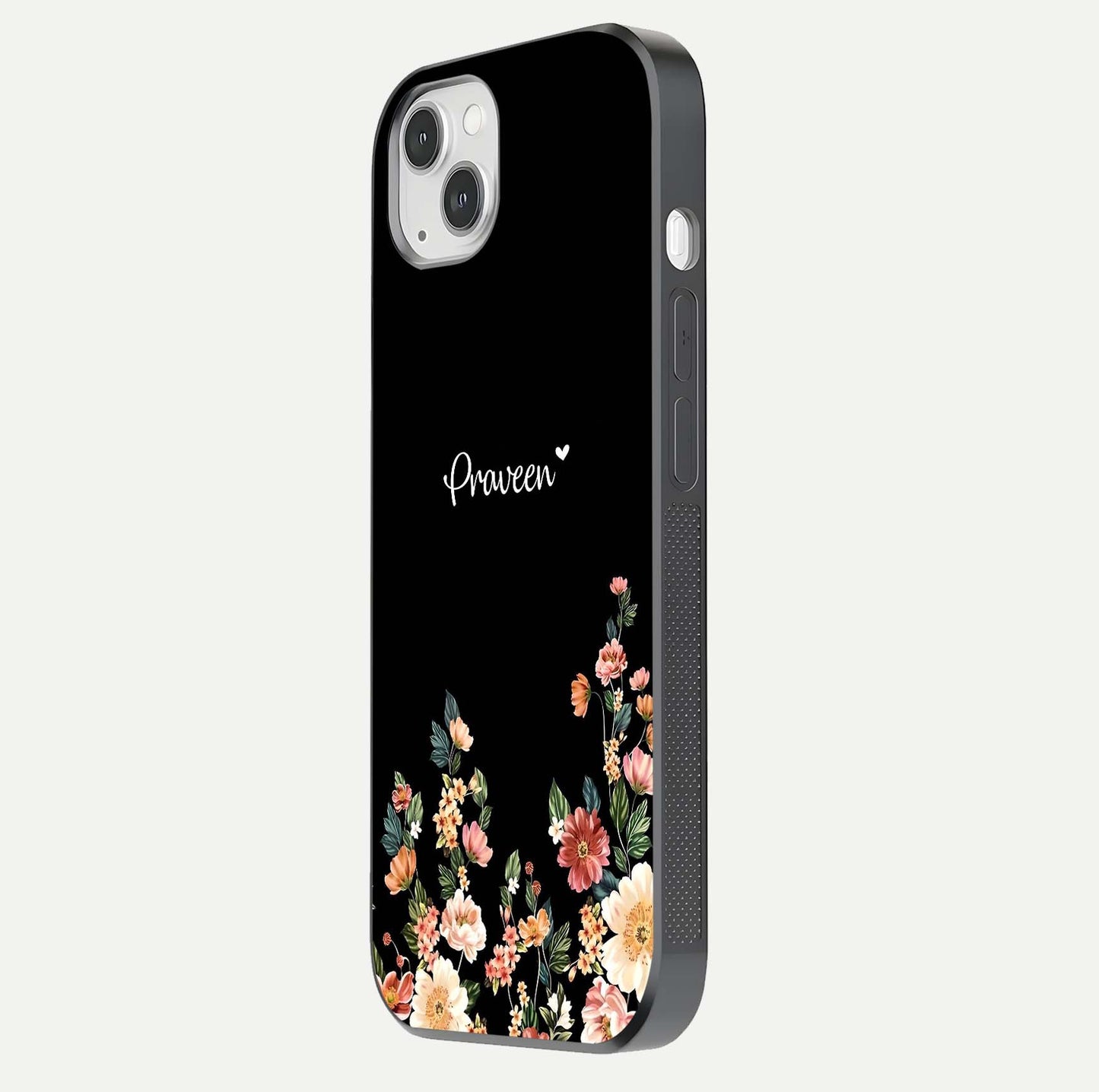Floral Design Personalized Custom Name Glass Case for iPhone 14 Plus side-angle image showing name alignment and gloss shine