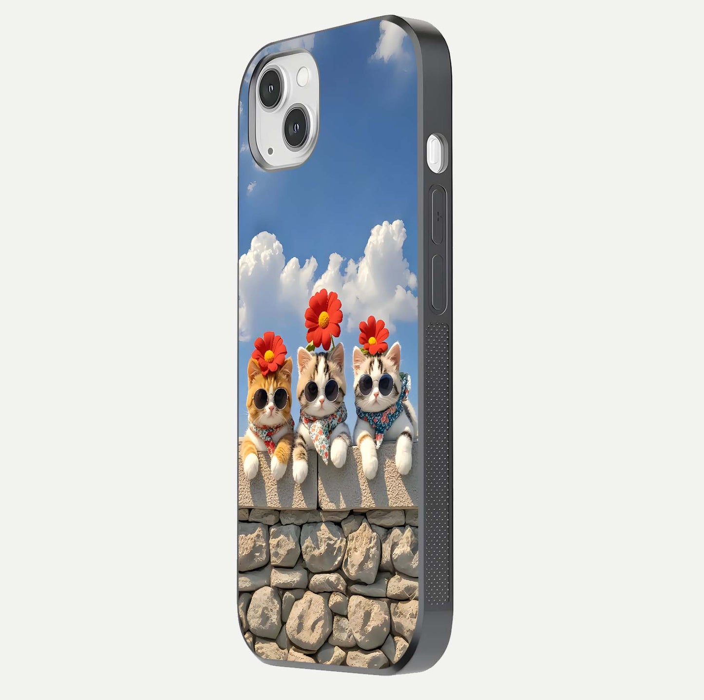 Floral Kitty Squad Glass Case for iPhone 14 Plus side-angle photo showing reflection glow and polished surface