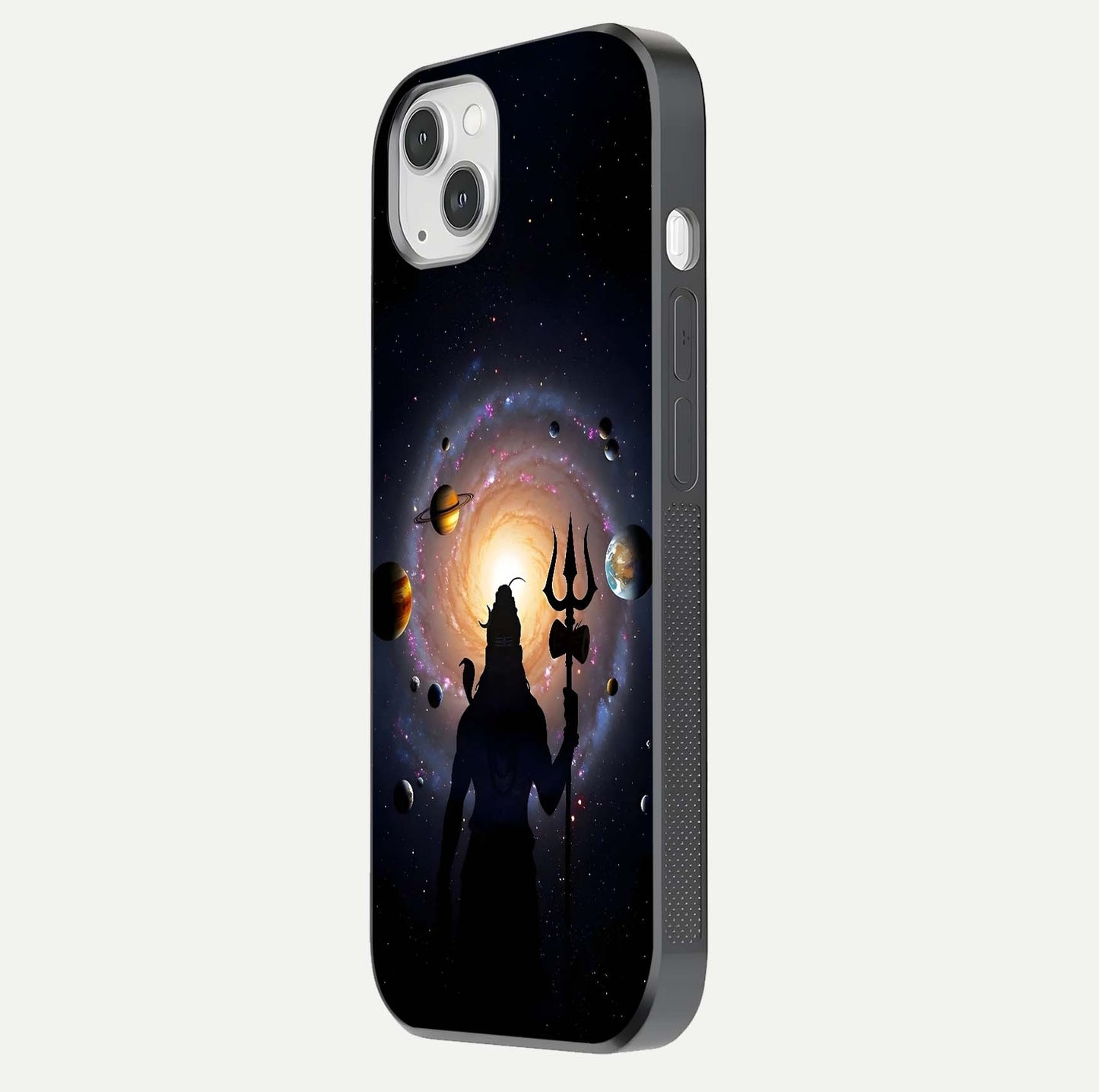 Galactic Shiva Vision Glass Case for iPhone 14 Plus side-angle image showing light reflection, glass edges, and spiritual cosmic theme