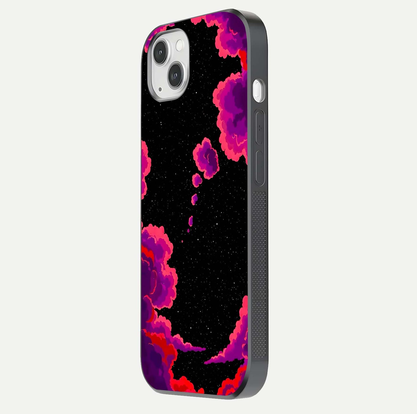 Galaxy Dream Frame Glass Case for iPhone 14 Plus side-angle image showing reflection light and premium finish