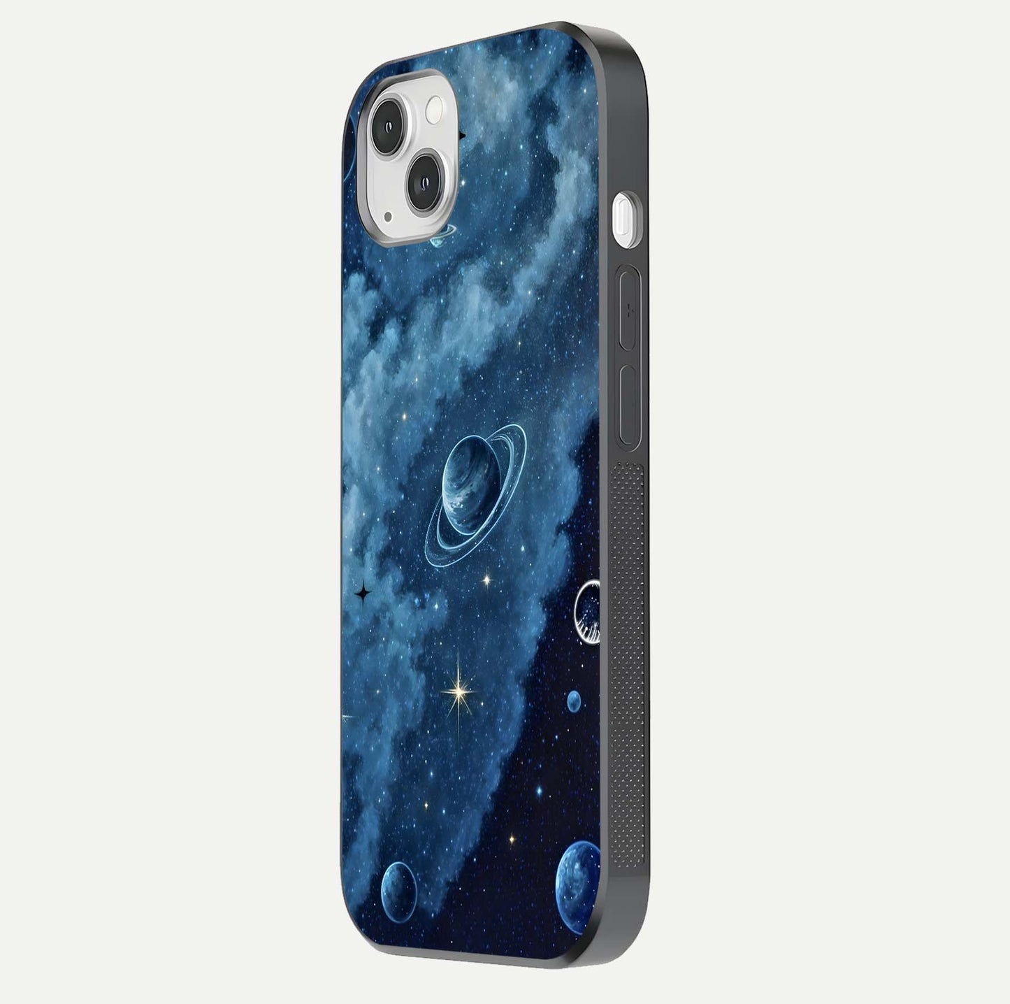 Galaxy Dream Space Glass Case for iPhone 14 Plus side-angle image capturing reflection clarity and galactic texture