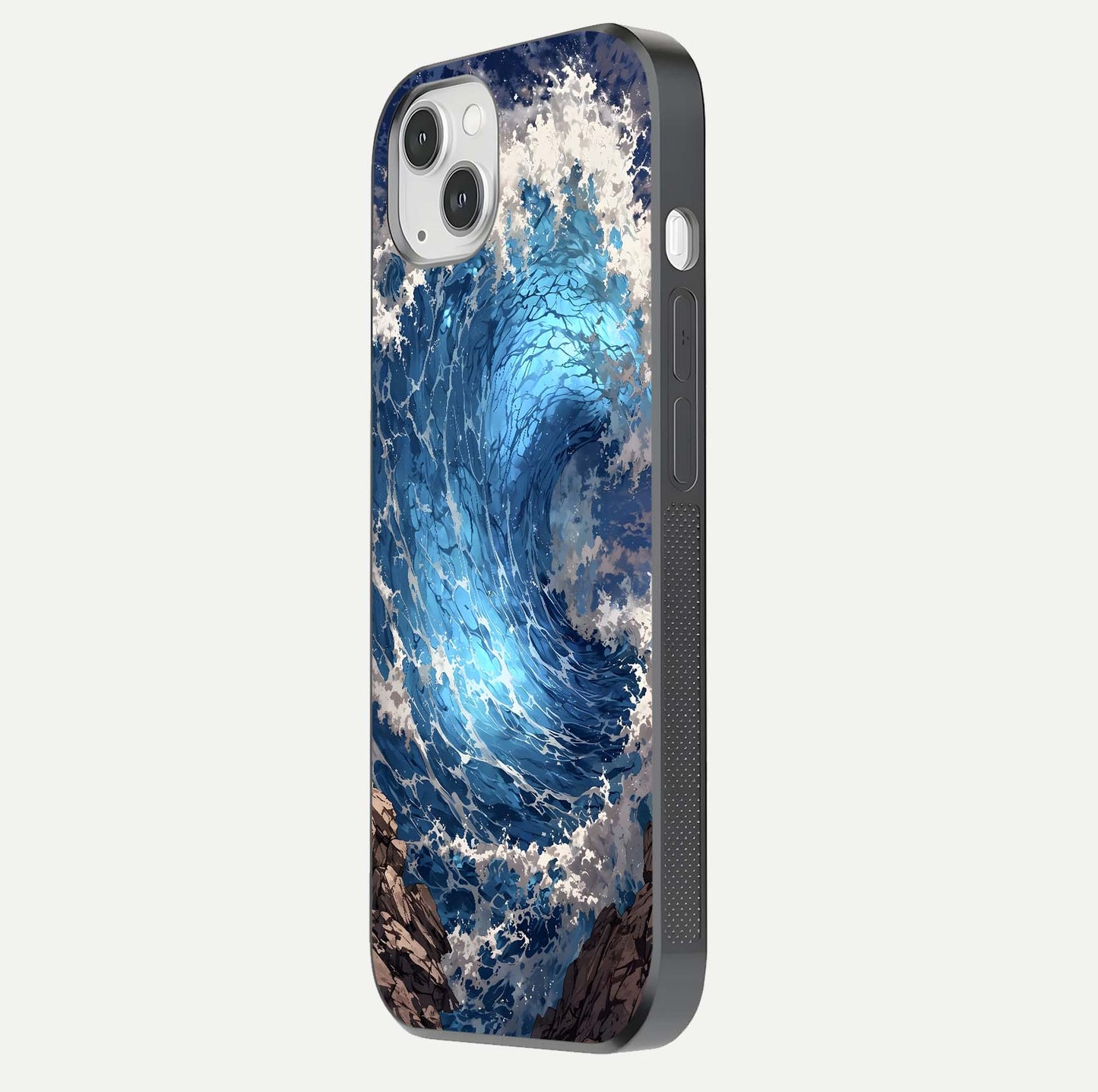 Giant Ocean Wave Glass Case for iPhone 14 Plus side-angle image showing light reflection and ocean detail