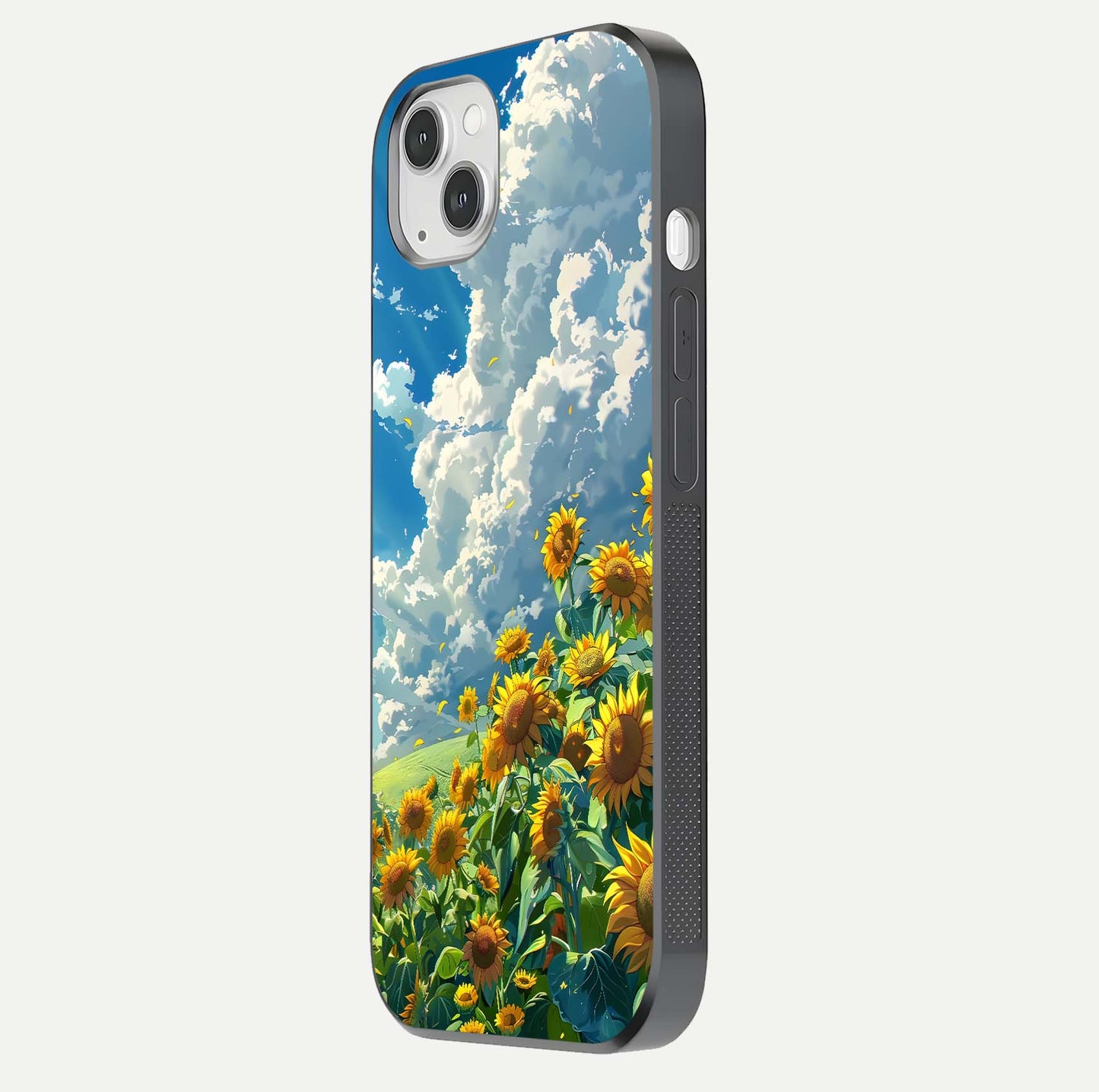 Golden Sun Glory Glass Case for iPhone 14 Plus side-angle image showing reflection glow and luminous texture
