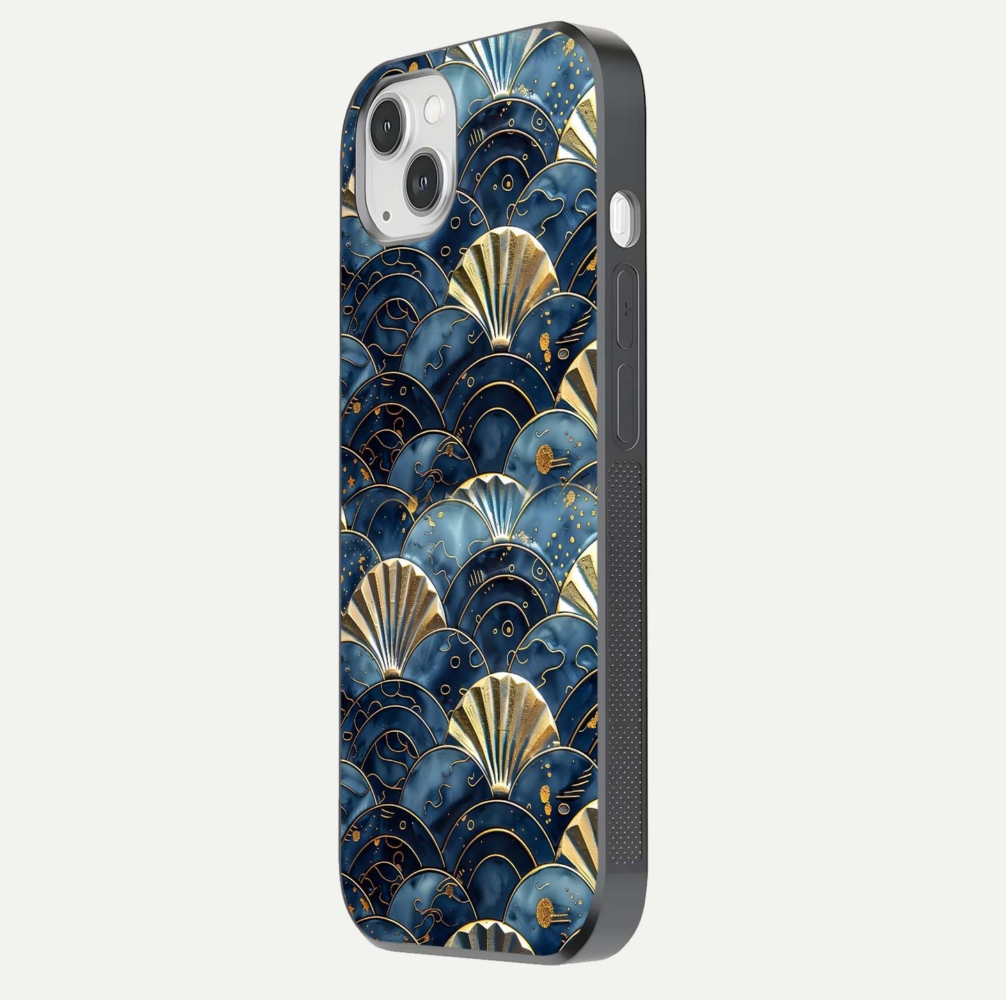 Golden Wave Luxe Glass Case for iPhone 14 Plus side-angle image showing reflection clarity and polished finish