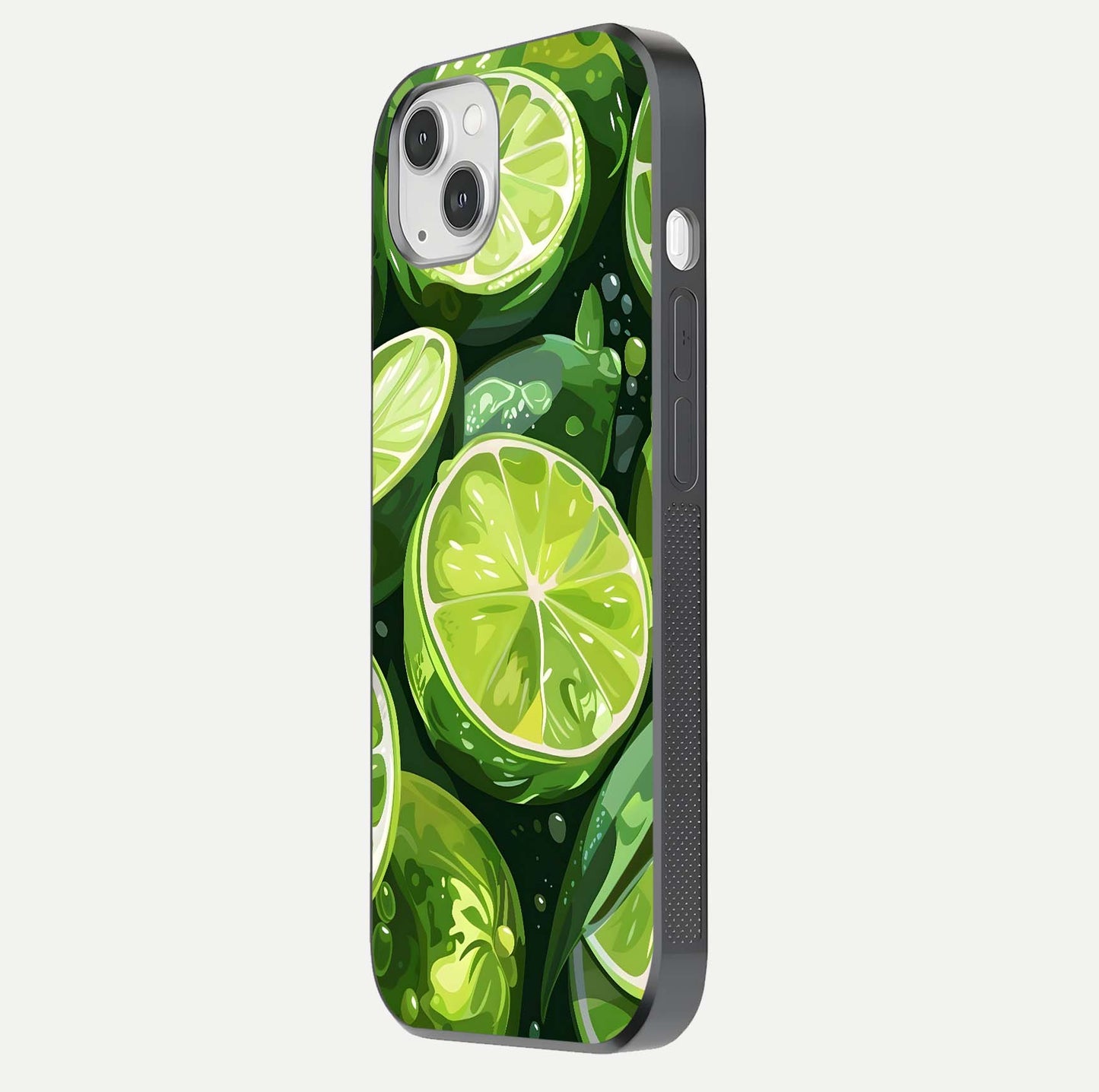 Green Lemon Glass Case for iPhone 14 Plus side-angle image showing reflection glow and juicy color tones