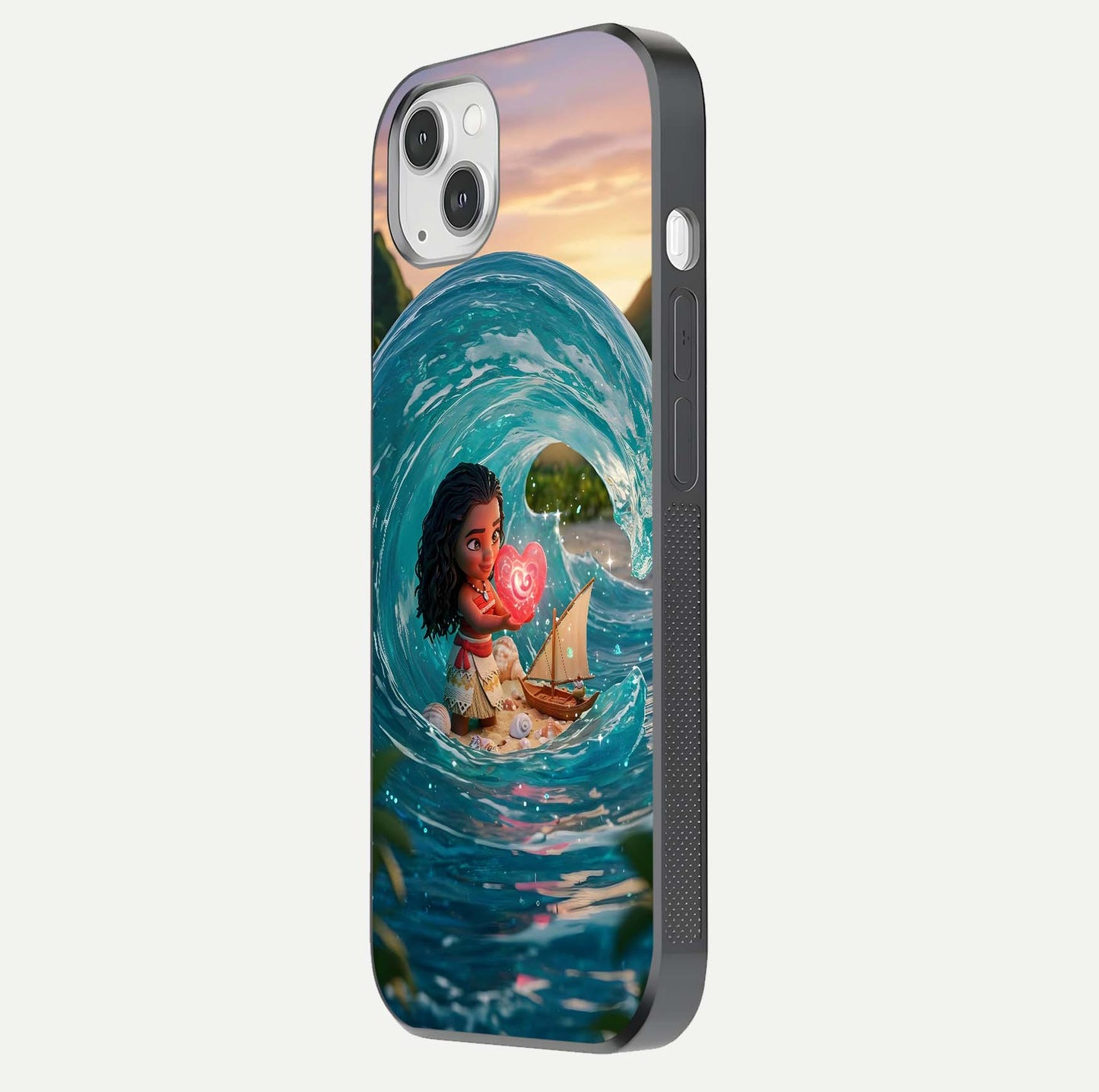 Heart of Ocean Glass Case for iPhone 14 Plus side-angle image showing reflection clarity and deep ocean texture