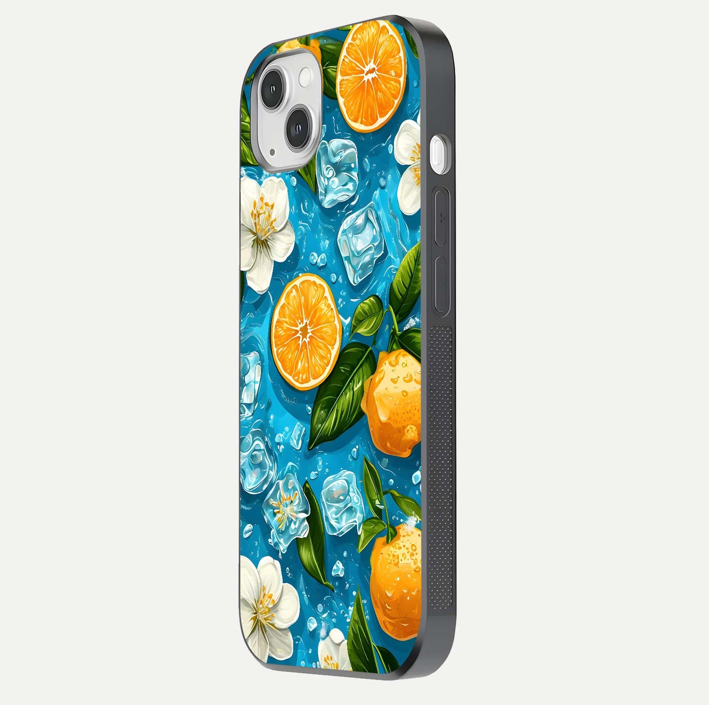 Ice Cube With Orange Glass Case for iPhone 14 Plus side-angle image showing reflection brightness and juicy pattern detail