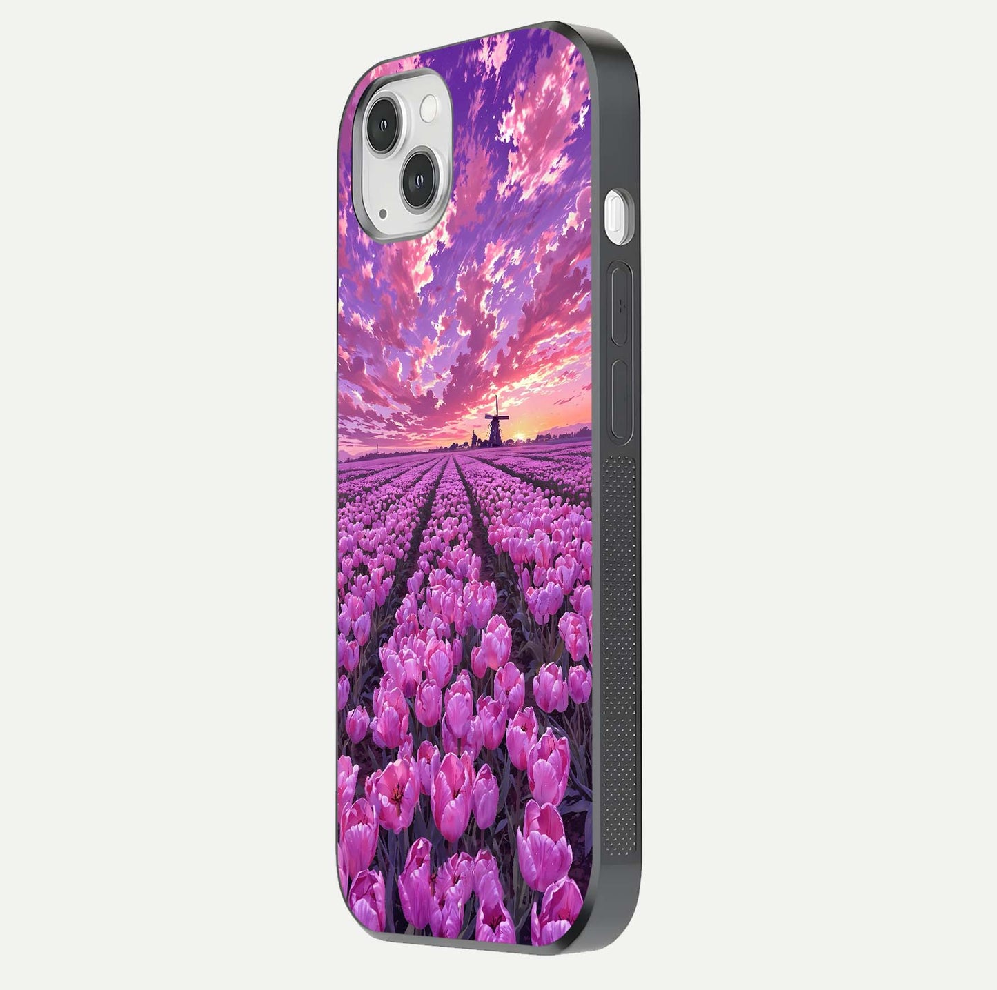 Lavender Dream Skies Glass Case for iPhone 14 Plus side-angle image showing reflection depth and serene tones