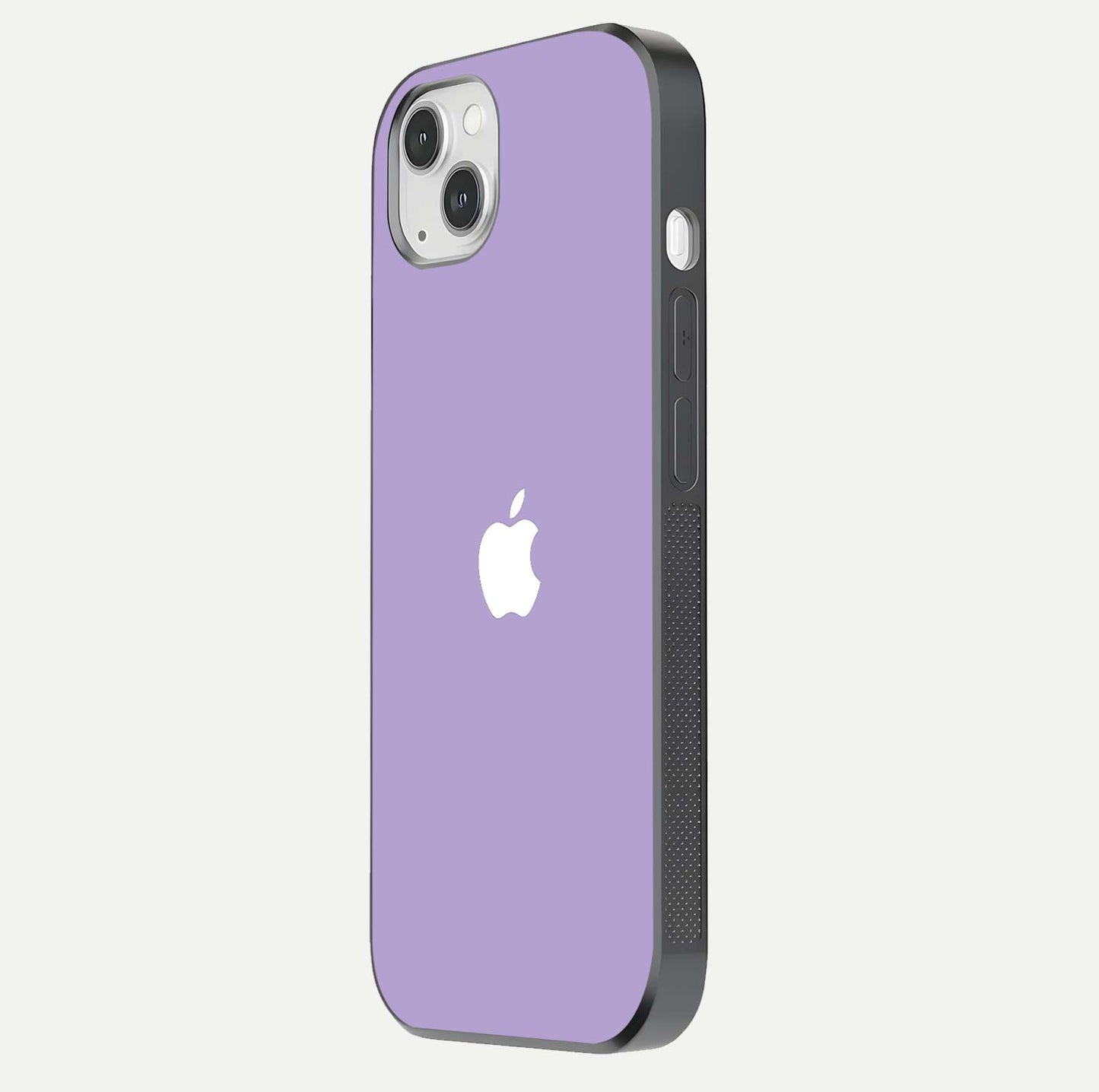 Lavender Soft Minimal Glass Case for iPhone 14 Plus side-angle image showing smooth reflection and minimal look