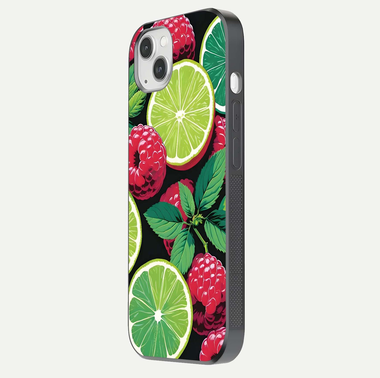 Lime and Raspberry Pattern Glass Case for iPhone 14 Plus side-angle view revealing colorful fruit artwork details