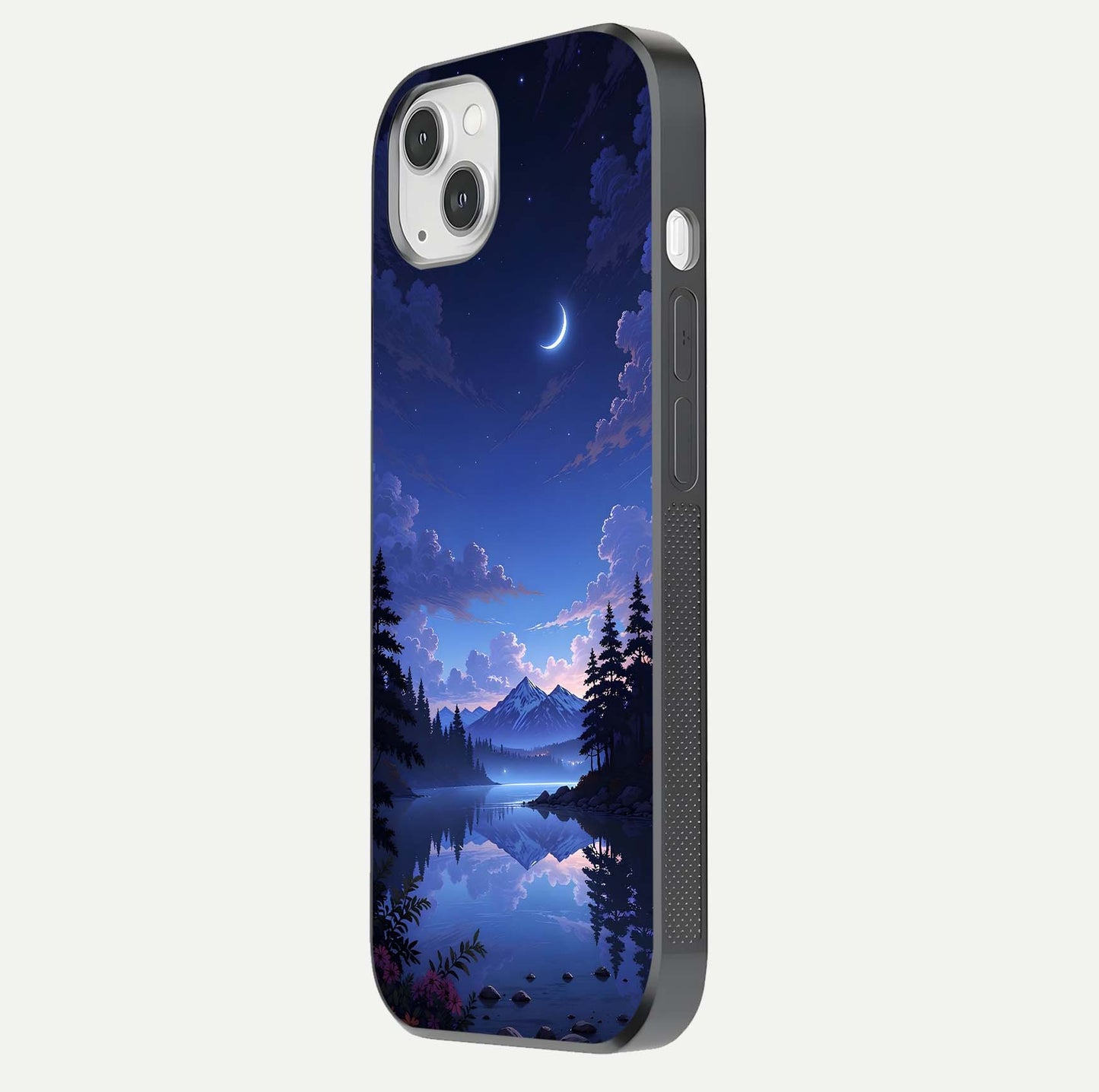 Midnight Lake Peace Glass Case for iPhone 14 Plus side-angle image showing HD shine and tranquil color tones