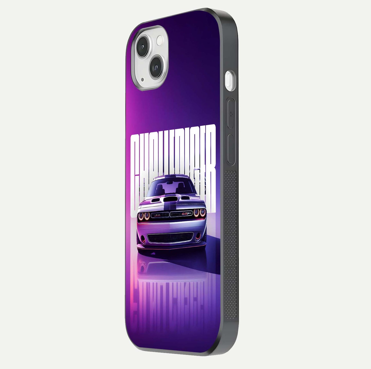Midnight Muscle Ride Glass Case for iPhone 14 Plus side-angle image showing reflection clarity and bold design