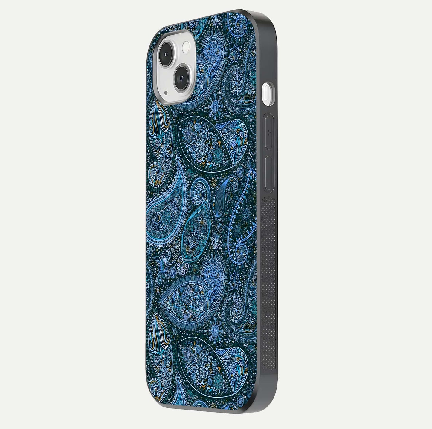 Midnight Paisley Glow Glass Case for iPhone 14 Plus side-angle image revealing reflective gloss and paisley art