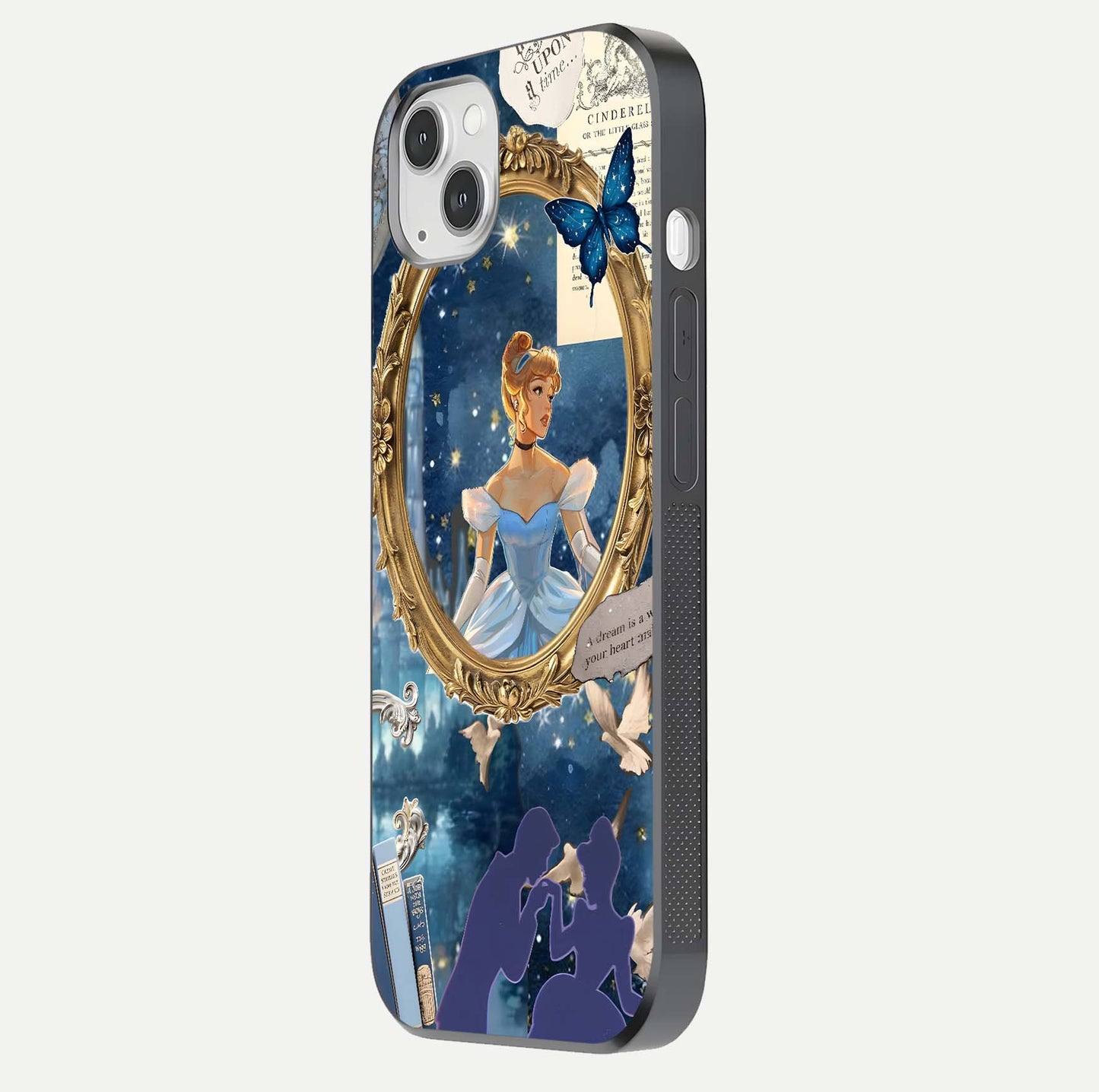 Midnight Queen Glass Case for iPhone 14 Plus side-angle image showing reflection brightness and elegant tone
