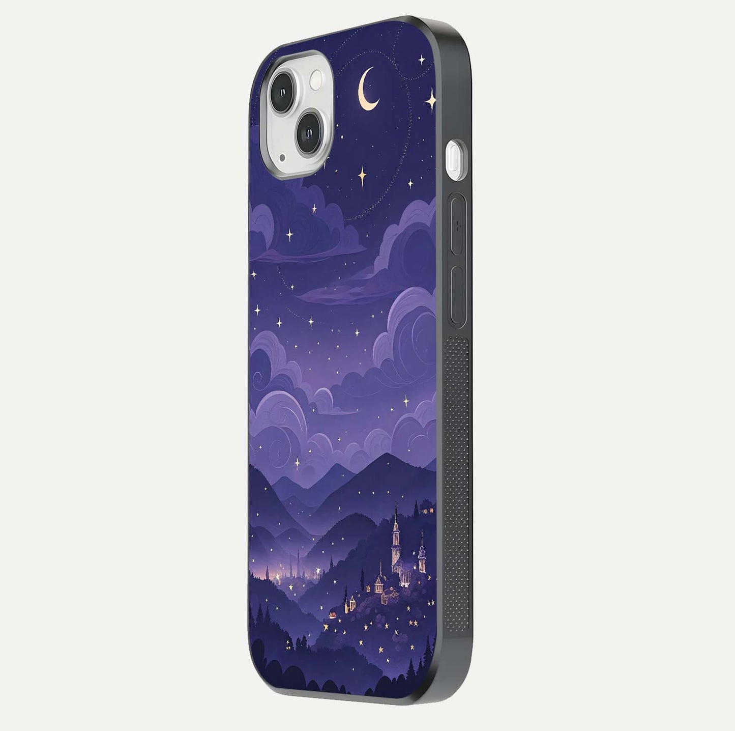 Minimal Night View Glass Case for iPhone 14 Plus side-angle image showing subtle reflection and urban design