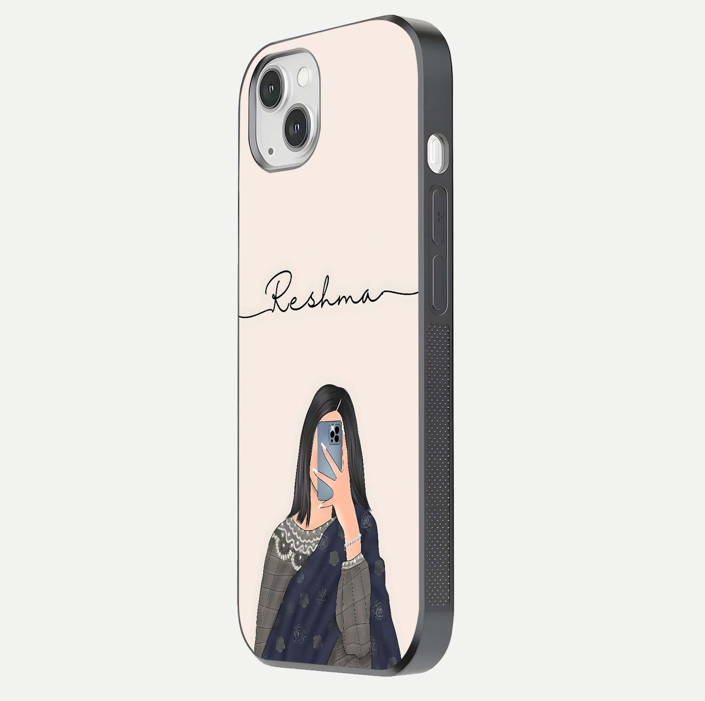 Mirror Mood Muse Custom Name Glass Case for iPhone 14 Plus side-angle image emphasizing glossy mirror texture