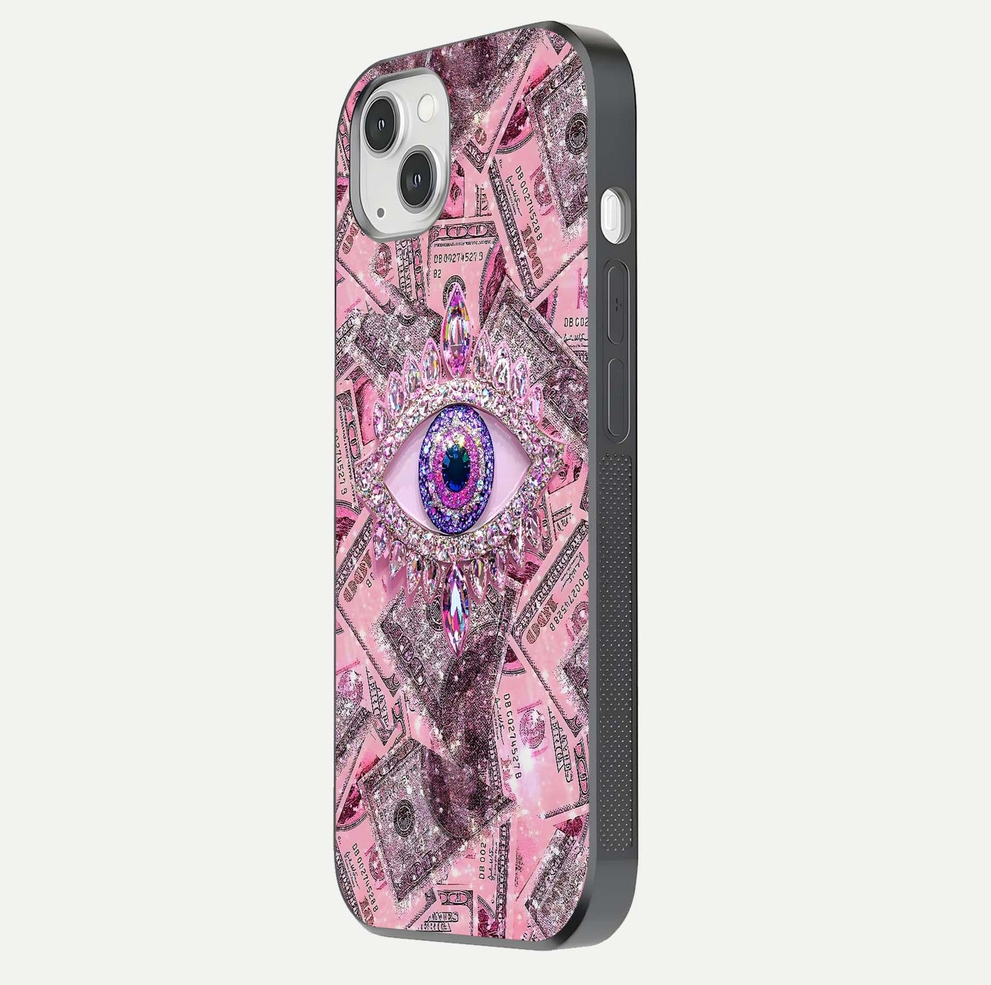 Money Eye Luxe Glass Case for iPhone 14 Plus side-angle image showing HD reflection and luxury print clarity