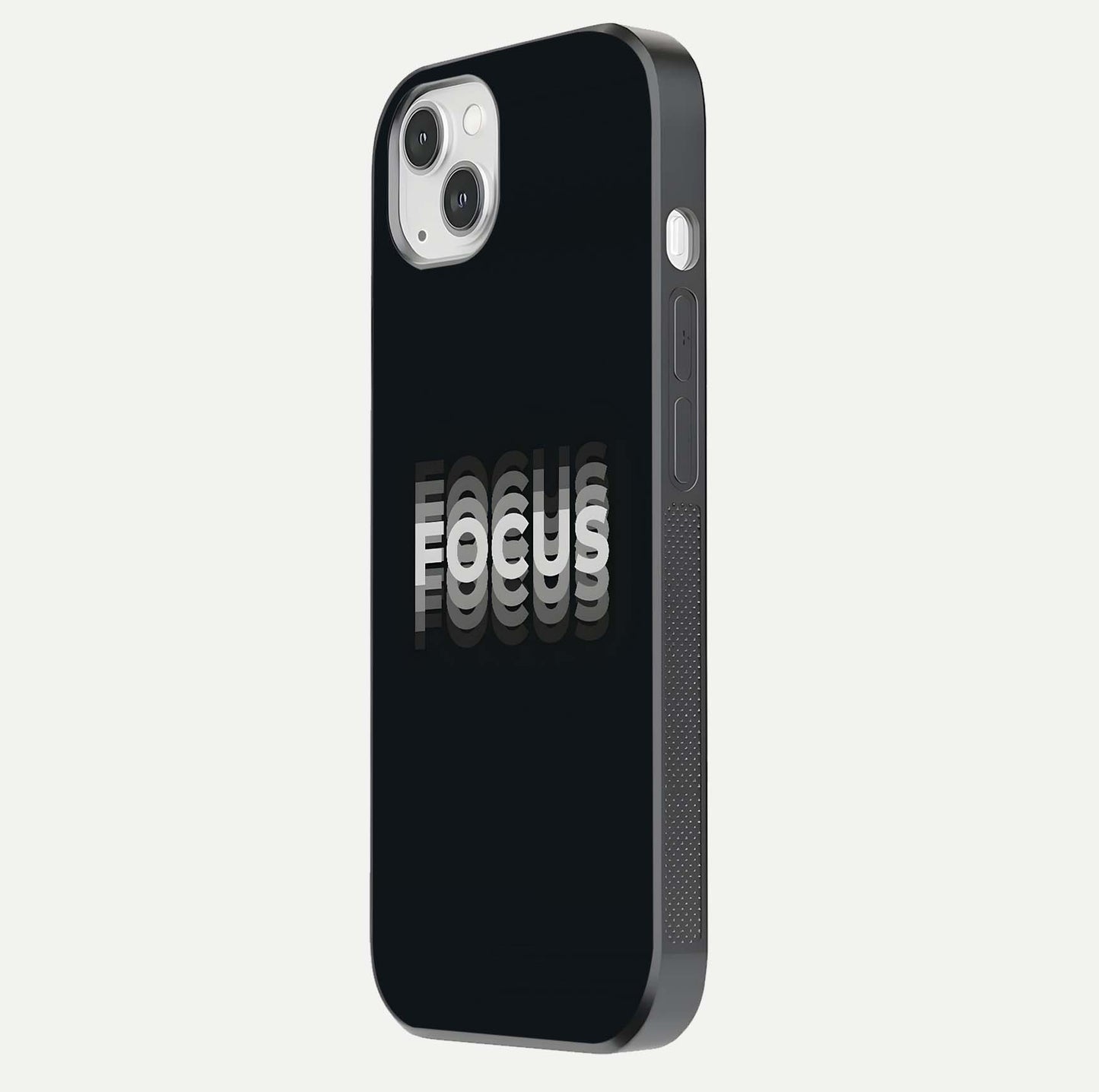 Mono Focus Vision Glass Case for iPhone 14 Plus side-angle image showing smooth reflection and minimal tones