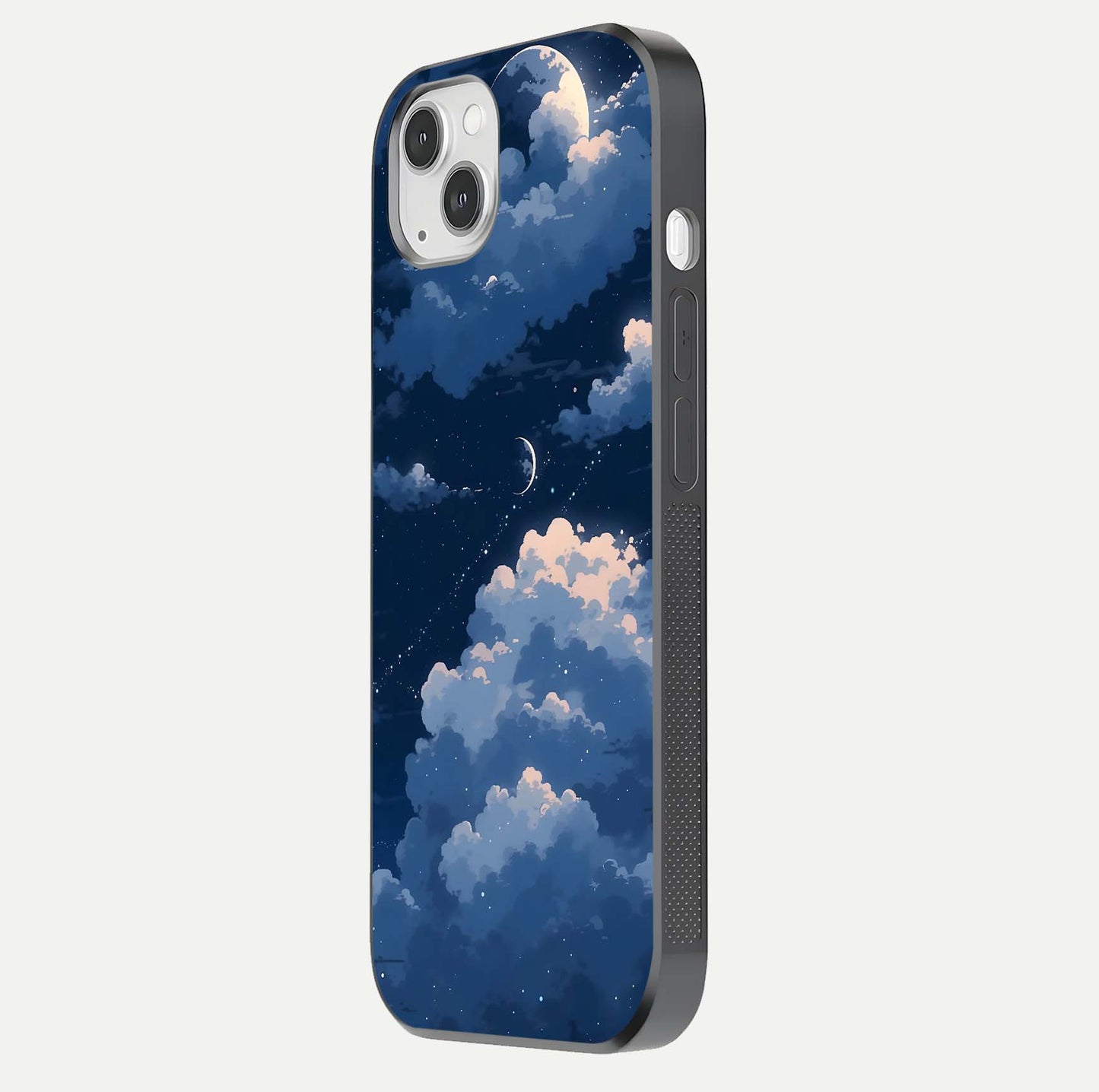 Moon Dream Haze Glass Case for iPhone 14 Plus side-angle image showing HD reflection and moonlight detailing