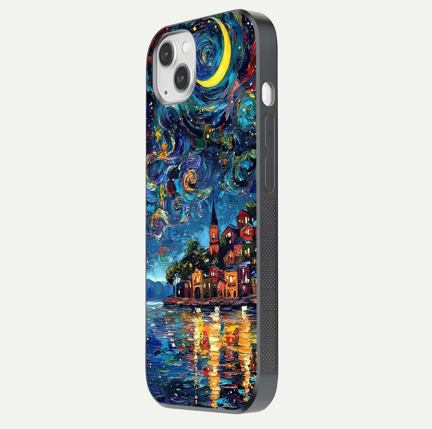 Moonlight Harbor Glow Glass Case for iPhone 14 Plus side-angle image showing reflective surface and ocean tones