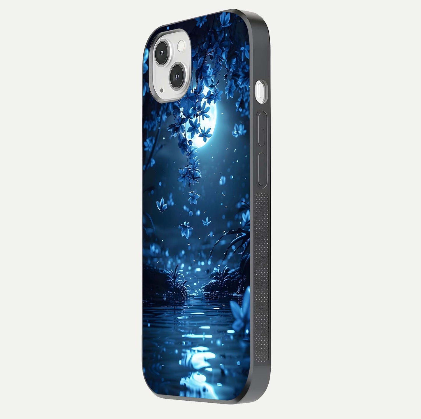 Moonlight Petal Dream Glass Case for iPhone 14 Plus side-angle image showing reflection and petal detail