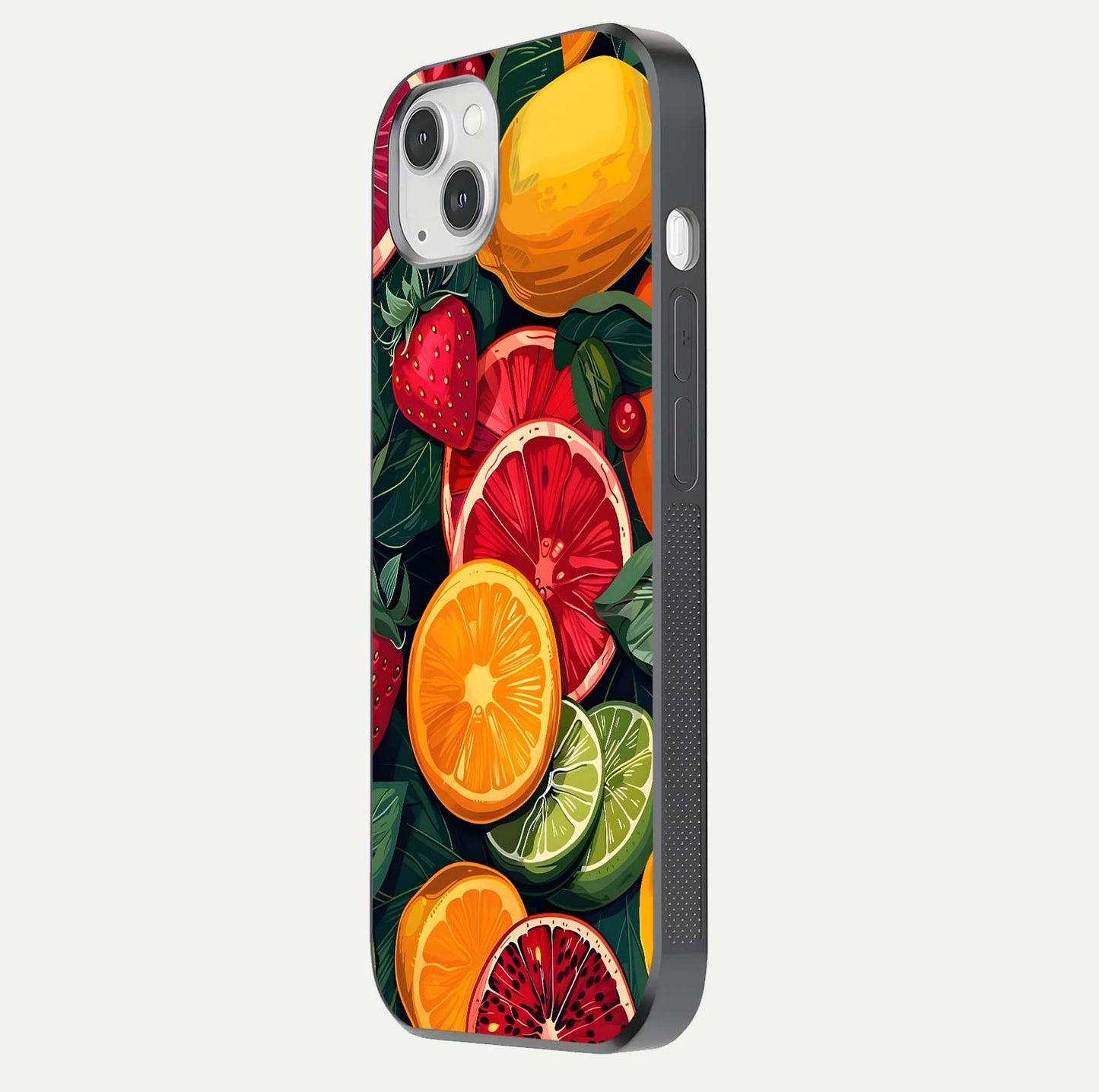 Multiple Fruits Glass Case for iPhone 14 Plus side-angle image showing glossy surface and vivid fruit pattern