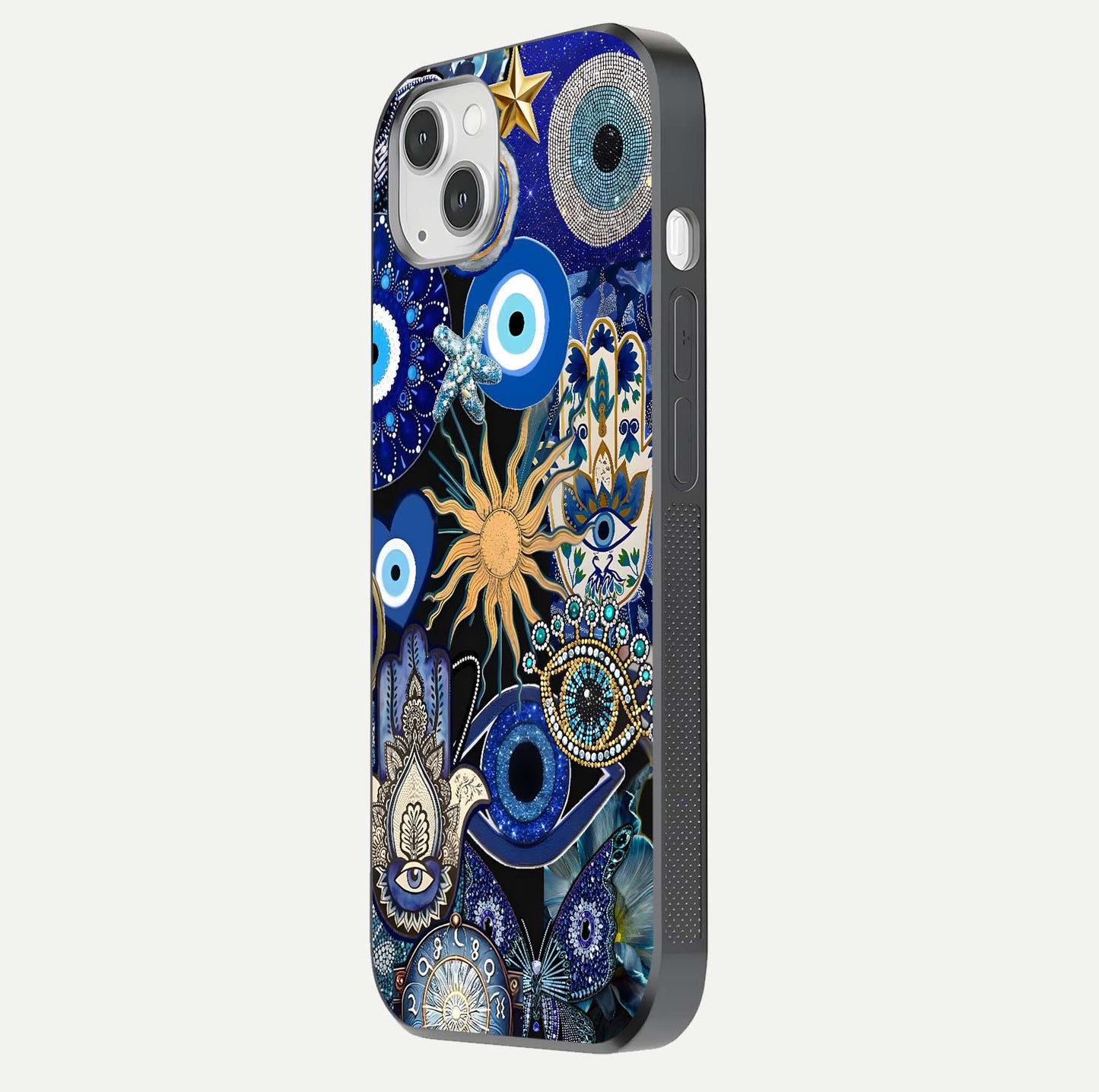 Mystic Blue Evil Eye Glass Case for iPhone 14 Plus side-angle image showing smooth gloss and charm design