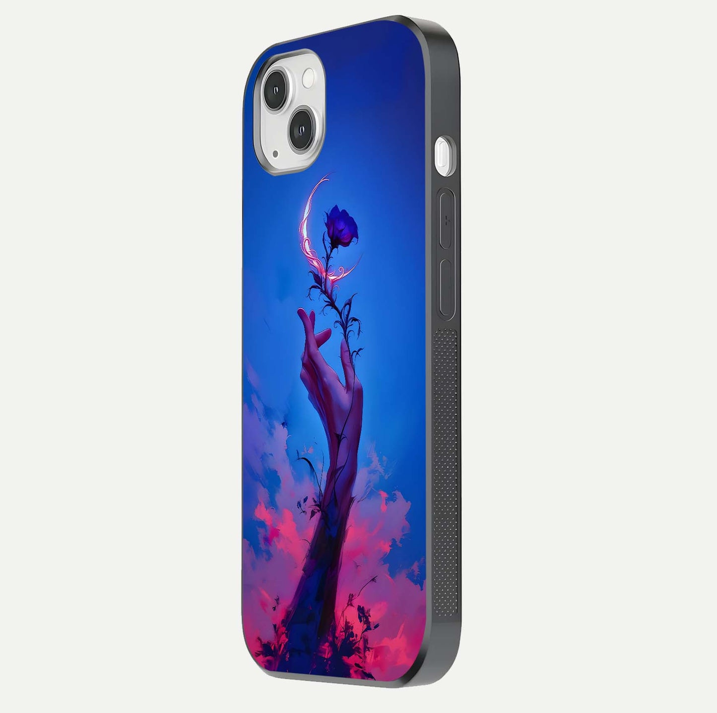 Mystic Hand Glass Case for iPhone 14 Plus side-angle image showing reflection depth and sacred aesthetic