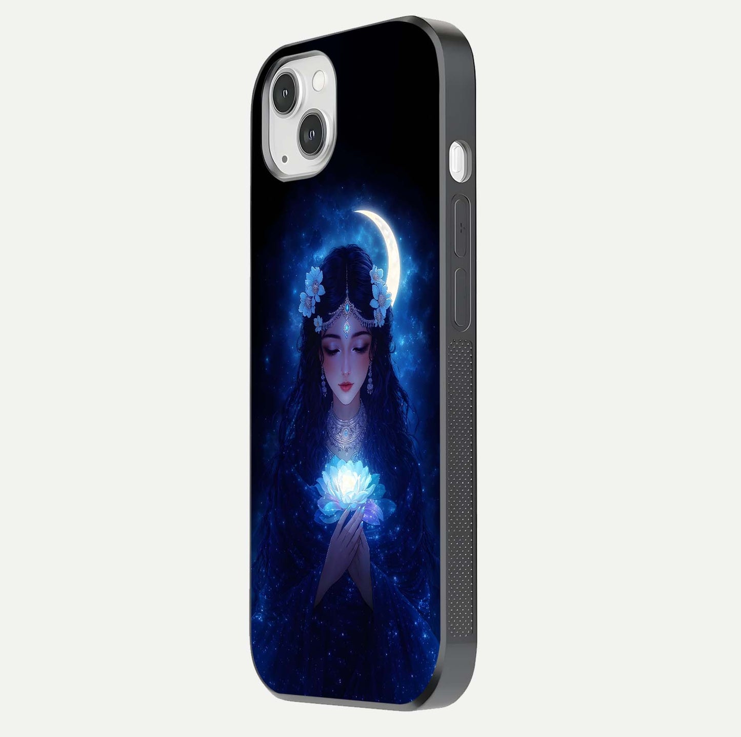 Mystic Moon Queen Glass Case for iPhone 14 Plus side-angle image showing reflection and celestial details