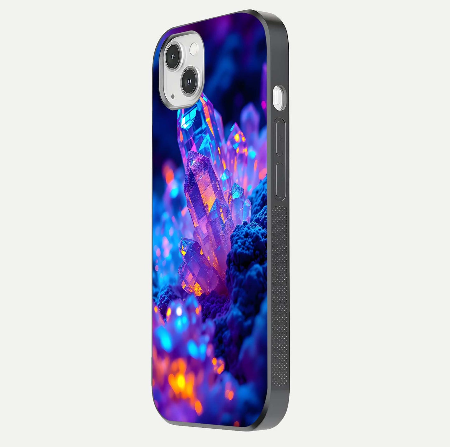 Neon Aura Shards Glass Case for iPhone 14 Plus side-angle image showing light depth and glossy contrast
