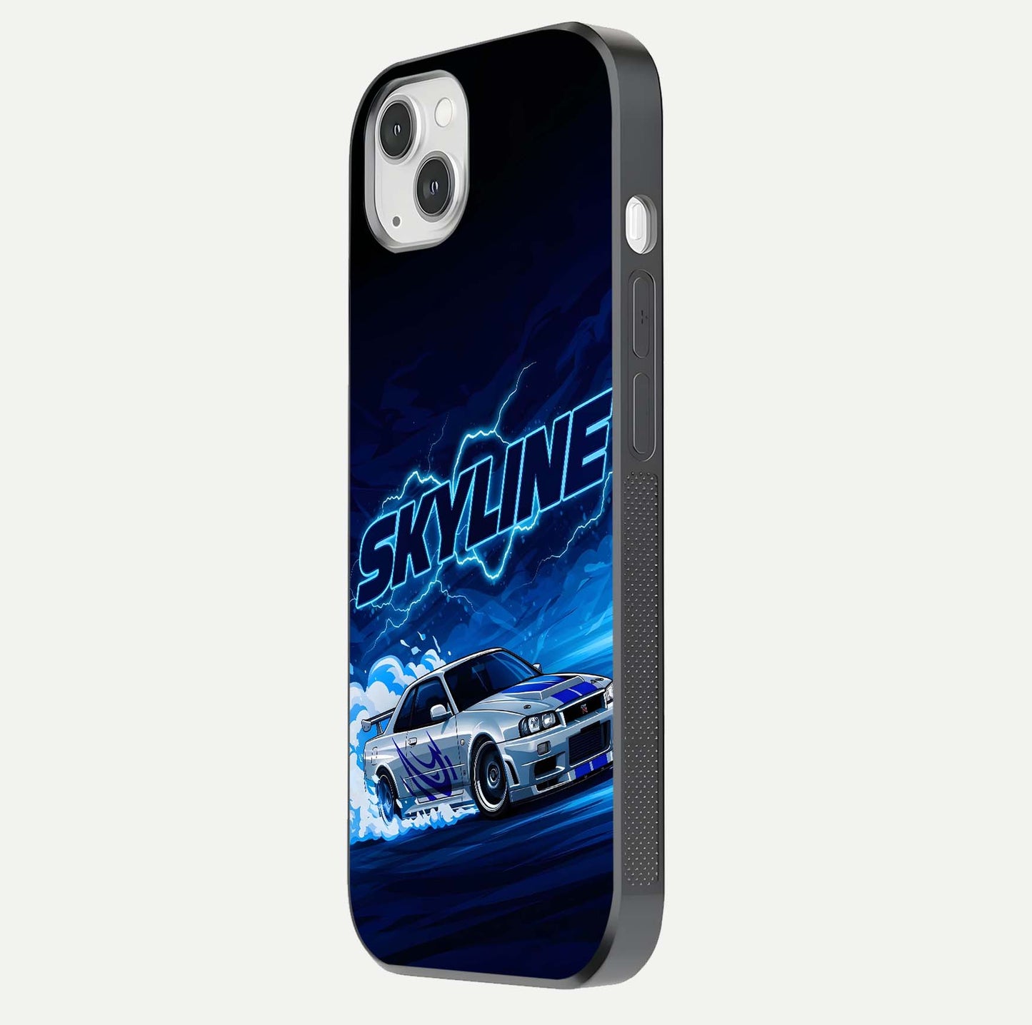 Neon Drift Beast Glass Case for iPhone 14 Plus side-angle image showing reflection depth and bold neon tones