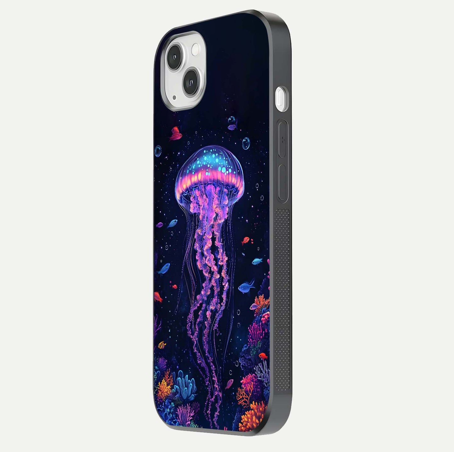 Neon Jellyfish Glass Case for iPhone 14 Plus side-angle image showing reflection and oceanic light detailing
