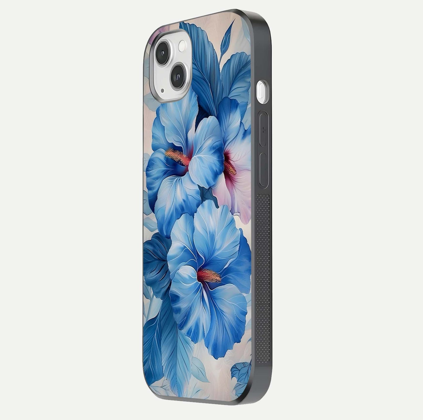 Ocean Hibiscus Grace Glass Case for iPhone 14 Plus side-angle image showing smooth texture and hibiscus details