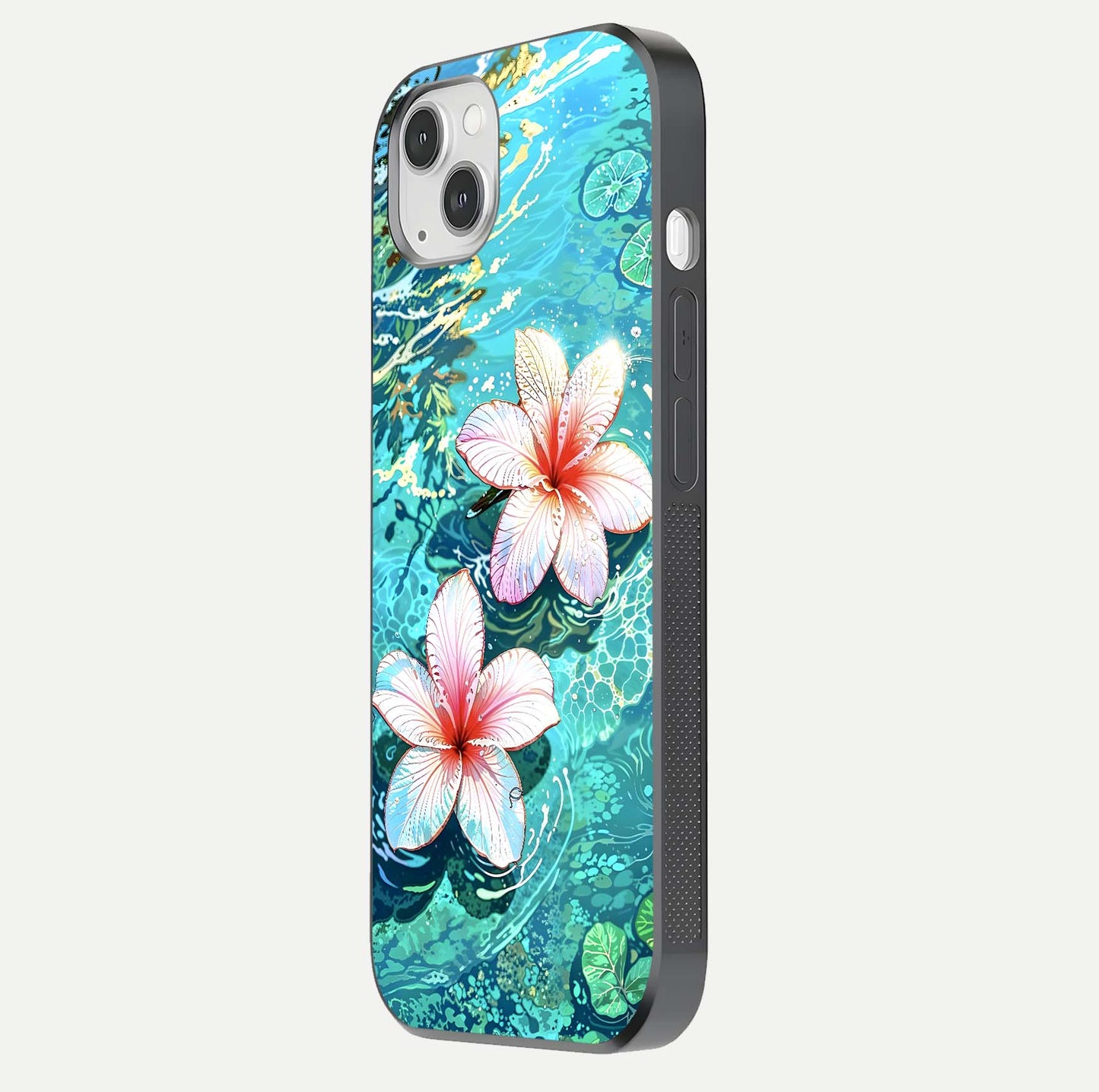 Pink Flowers in Water Glass Case for iPhone 14 Plus side-angle image showing reflection and depth of detail
