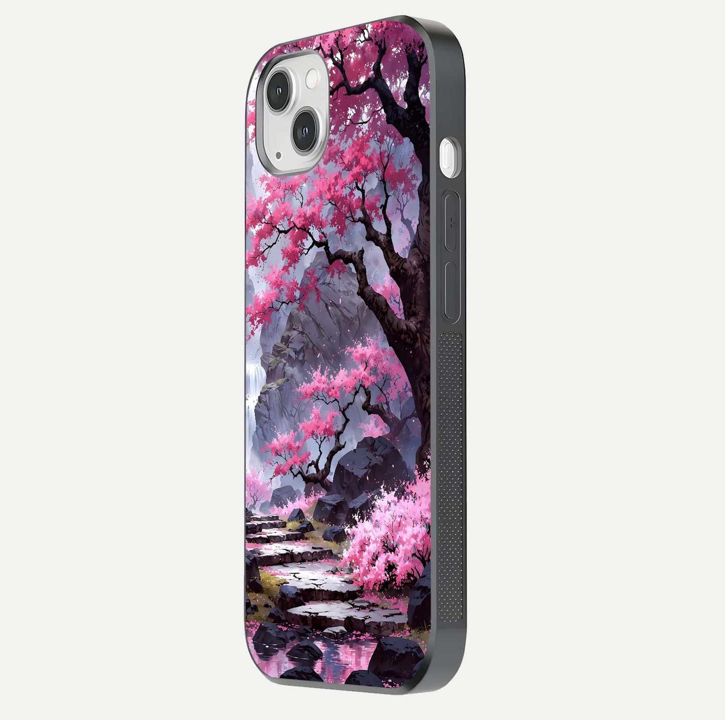 Pinkish Scenery Glass Case for iPhone 14 Plus side-angle image showing depth, gloss, and scenic details
