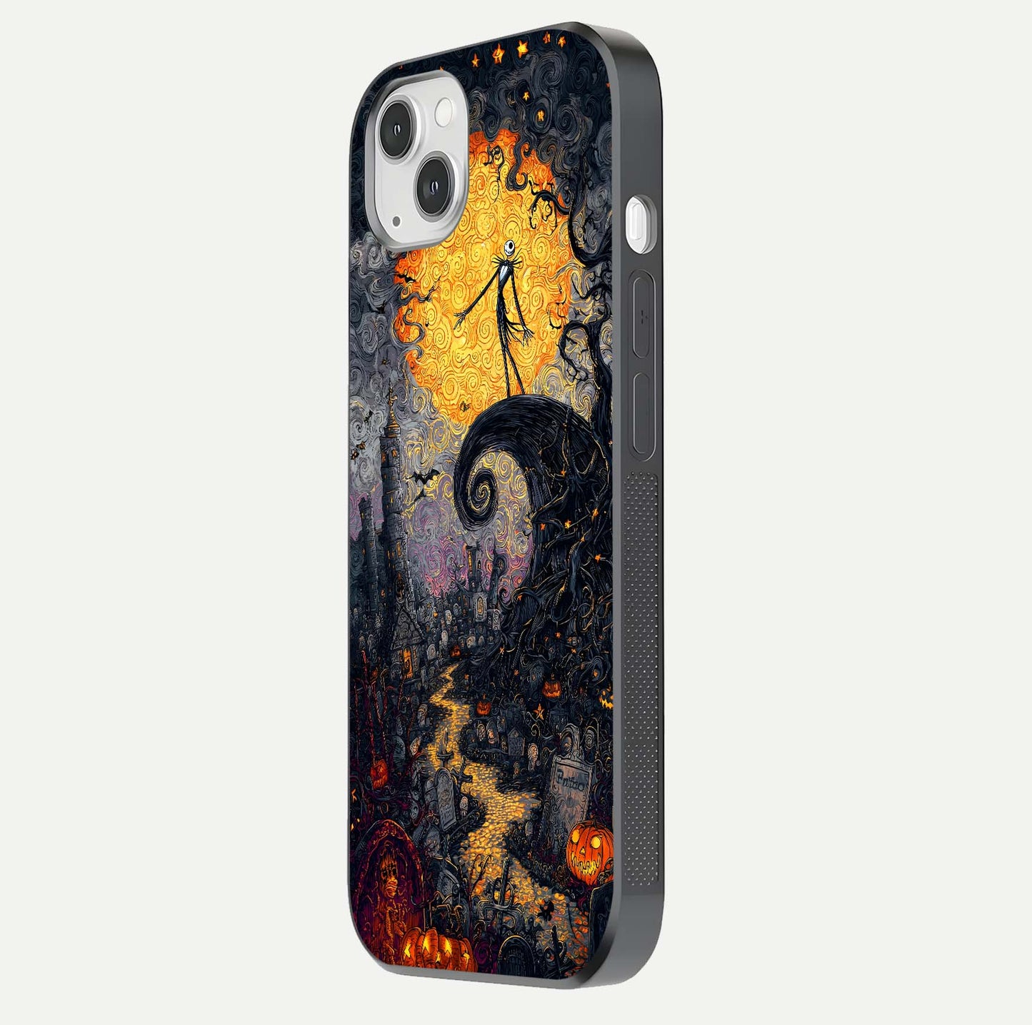 Pumpkin Moon Night Glass Case for iPhone 14 Plus side-angle image showing reflection depth and pumpkin pattern