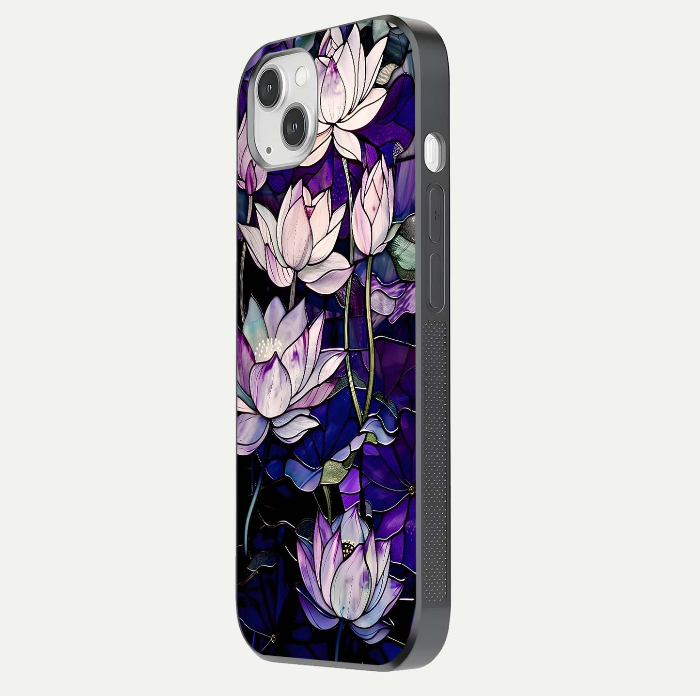 Purple Lotus Pattern Glass Case for iPhone 14 Plus side-angle image showing reflection depth and lotus detail