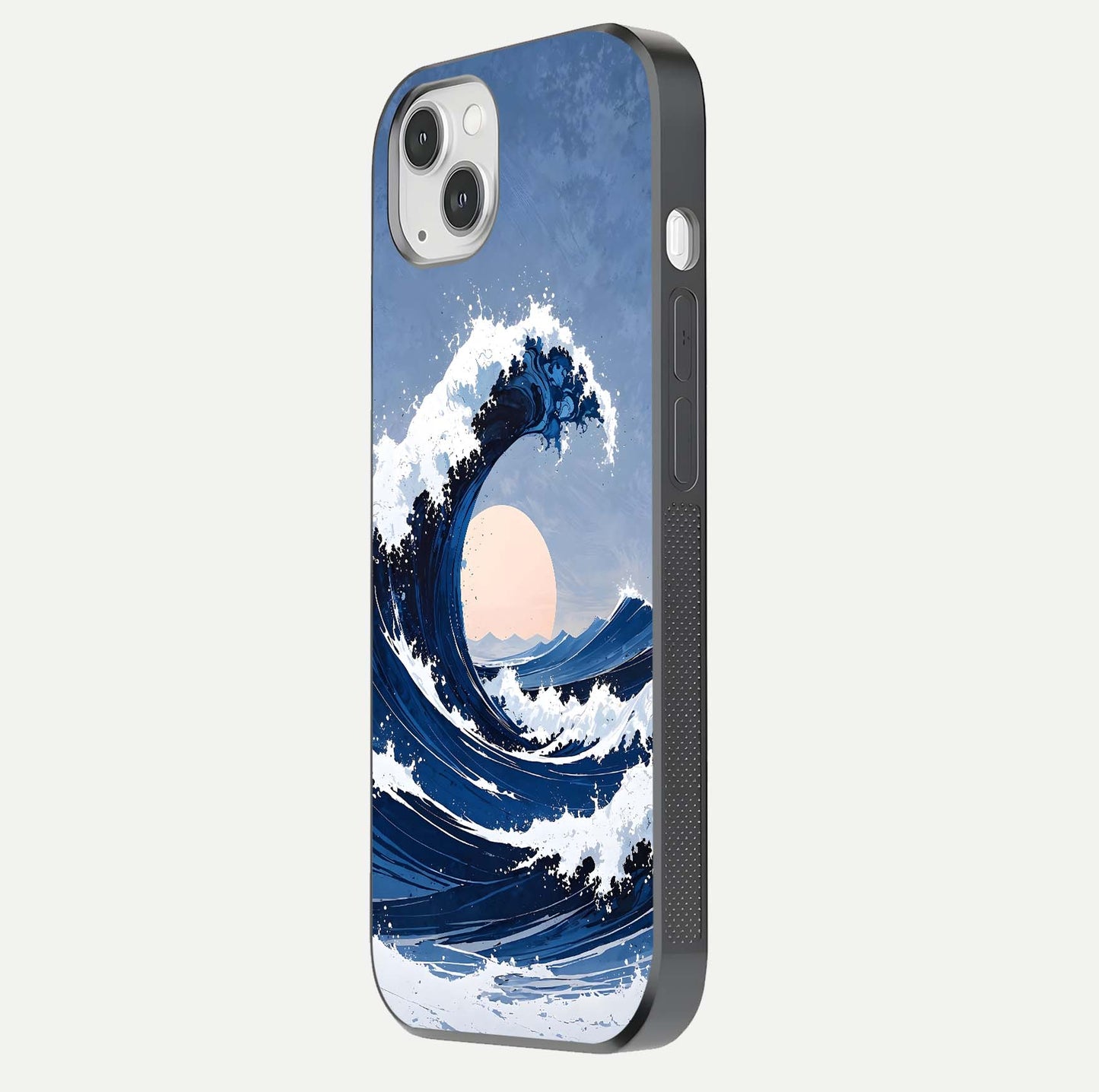 Rising Tide Power Glass Case for iPhone 14 Plus side-angle image showing shine and detailed ocean art